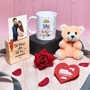 Valentine Speical Gift White Coffee Mug, Wooden Frame, Greeting Card, Teddy, Artifical Rose