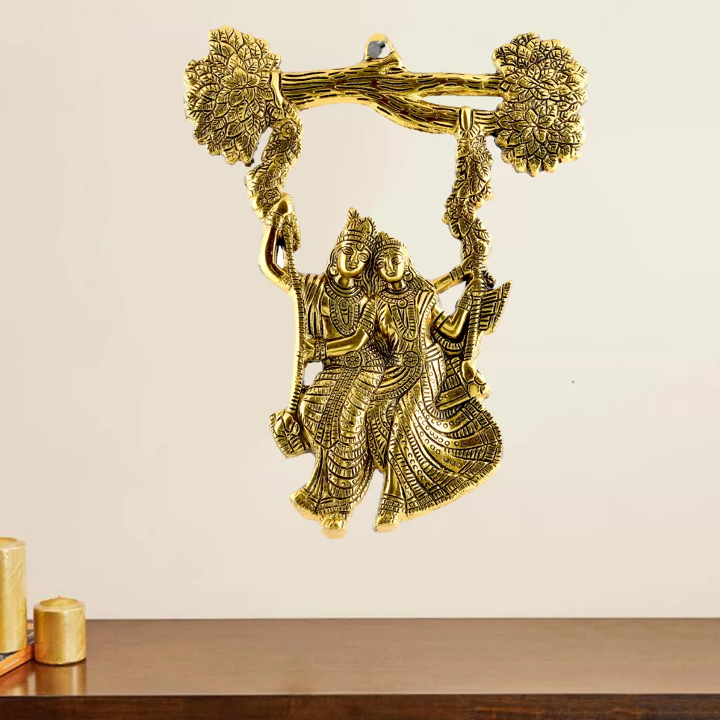 Radha Krishna Jhula Wall Hanging Idol (Golden, 24X1X30 cm)