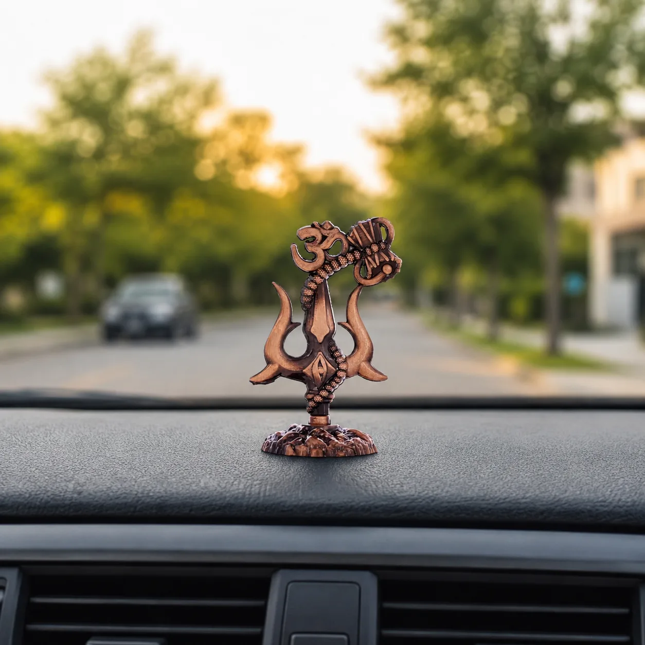 Metal Shiv Trishul for Car Dashboard with Om Damru, Decorative Shiv Trishul Idol for Car Dashboard, Home Temple, Office Desk, Antique Finish Spiritual Dashboard Accessory (4x4x9 cm, Copper) - Image 3