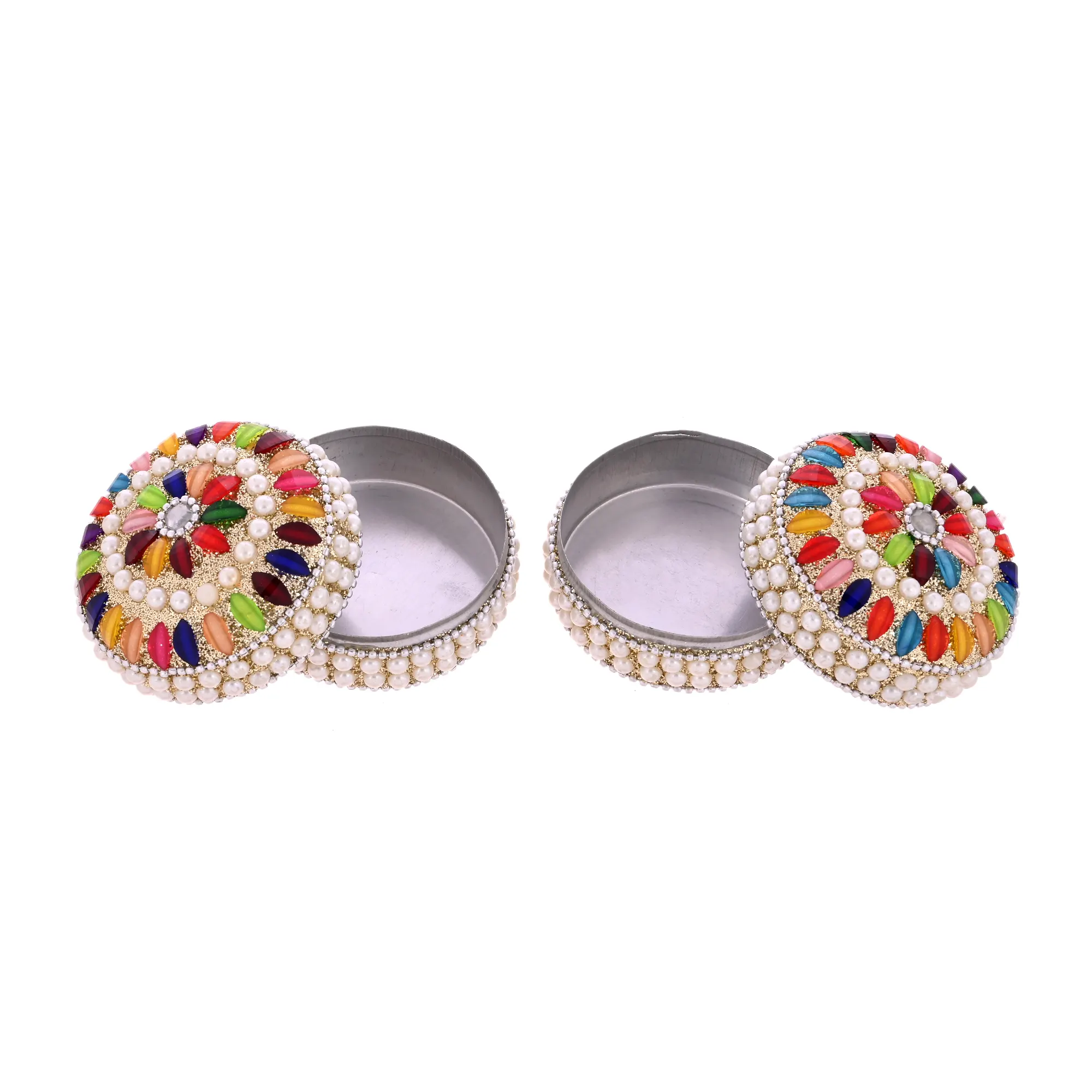 Handmade Decorative Jewelry Storage Box Jewelry Storage Box Set of 2 | Multicolor Pearl & Stone Work Round Trinket Organizer - Image 6
