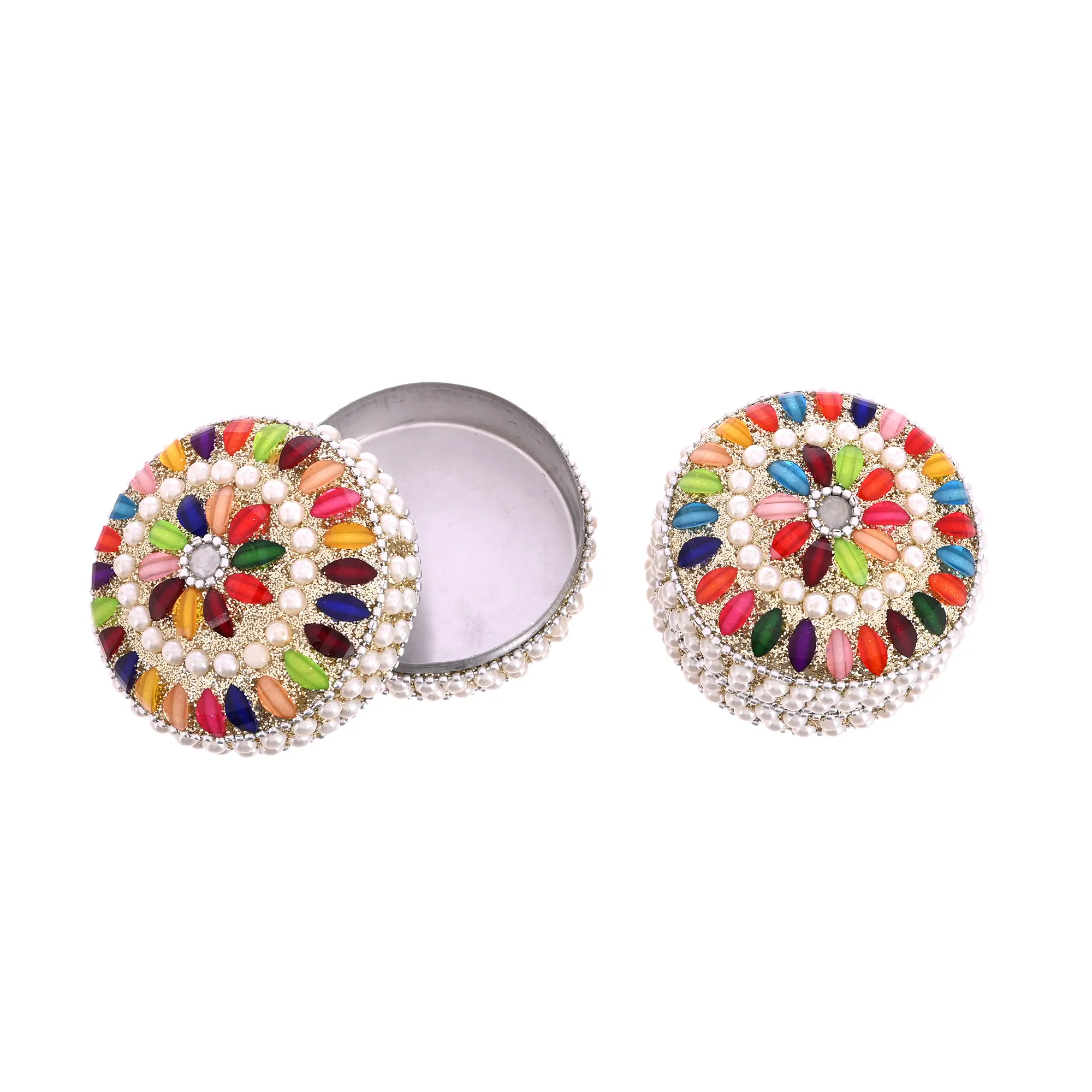 Handmade Decorative Jewelry Storage Box Jewelry Storage Box Set of 2 | Multicolor Pearl & Stone Work Round Trinket Organizer - Image 5