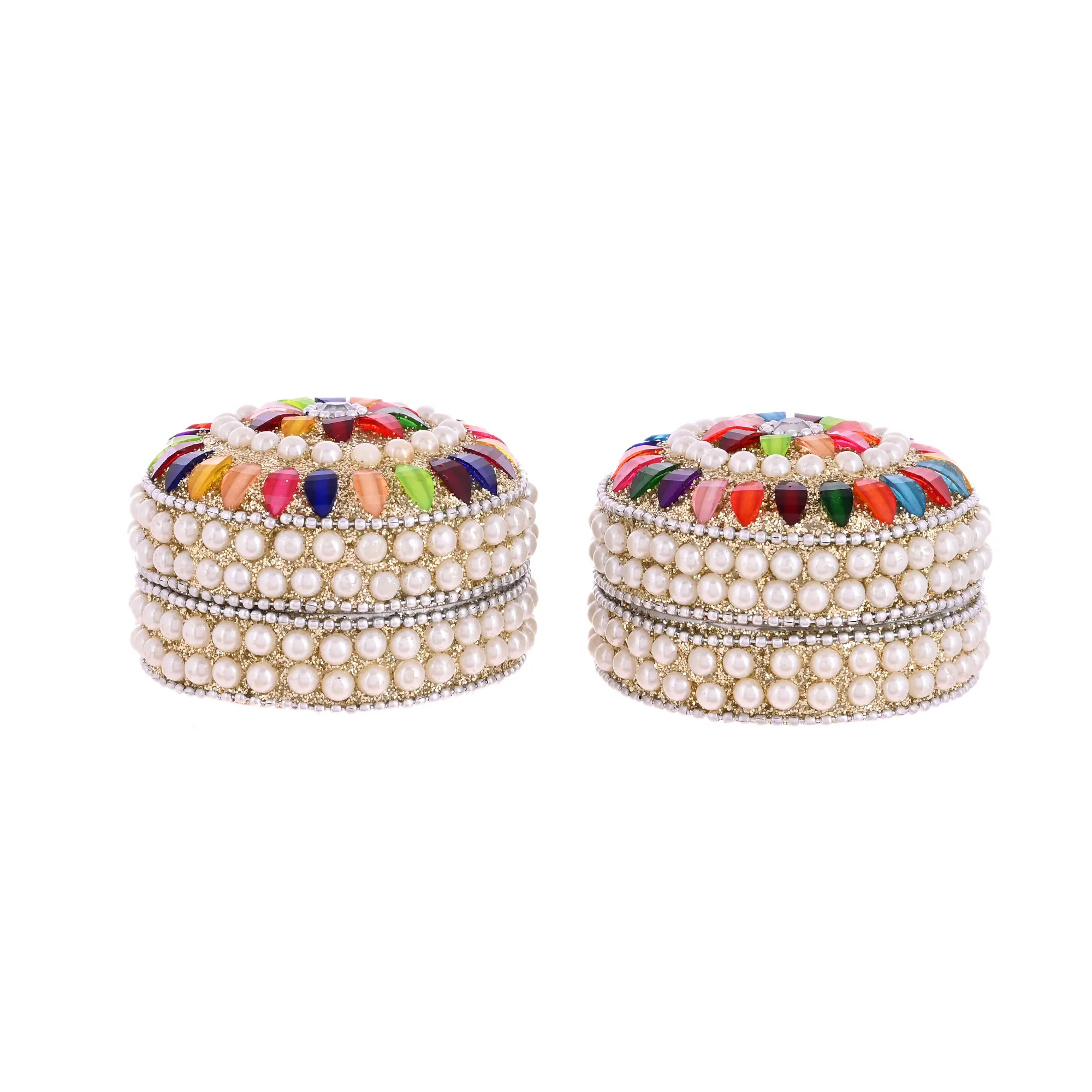 Handmade Decorative Jewelry Storage Box Jewelry Storage Box Set of 2 | Multicolor Pearl & Stone Work Round Trinket Organizer - Image 4