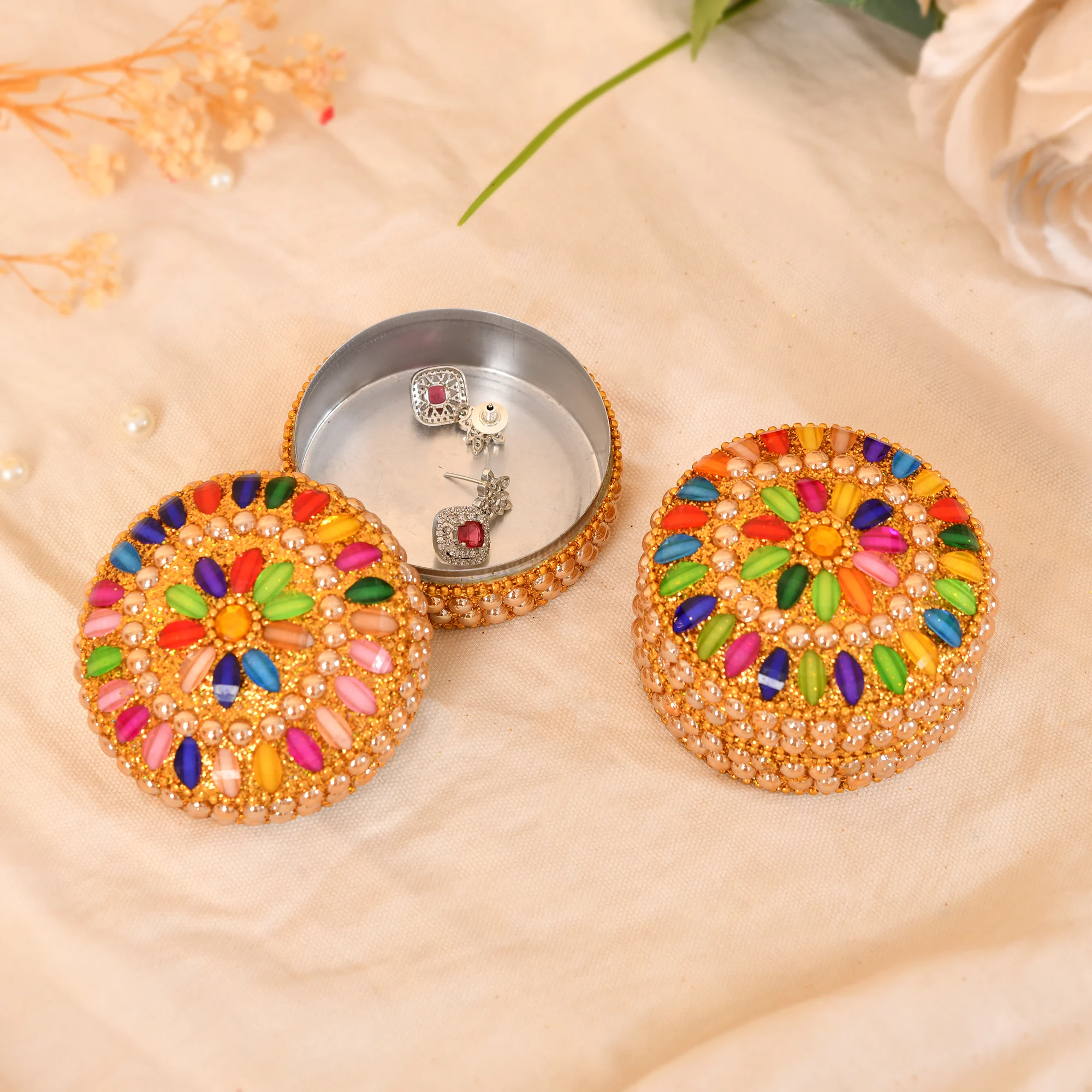 Handmade Small Jewelry Storage Organizer for Women, Multicolor Beaded Trinket Box for Earrings, Rings & Small Accessories (Golden, Set of 2) - Image 2
