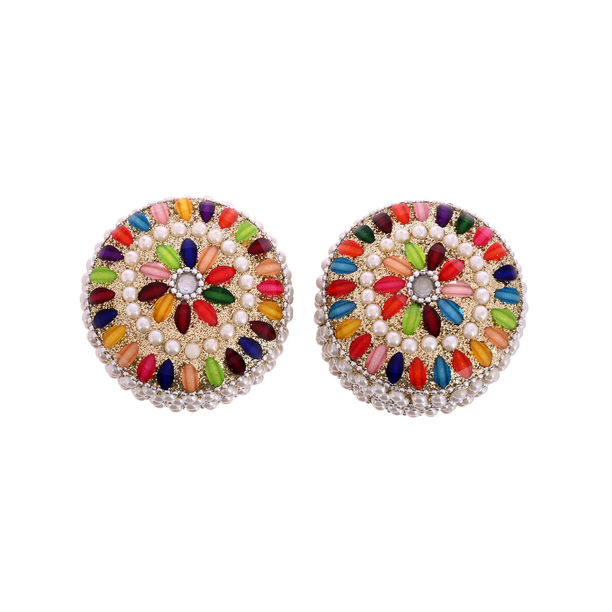 Handmade Decorative Jewelry Storage Box Jewelry Storage Box Set of 2 | Multicolor Pearl & Stone Work Round Trinket Organizer - Image 3