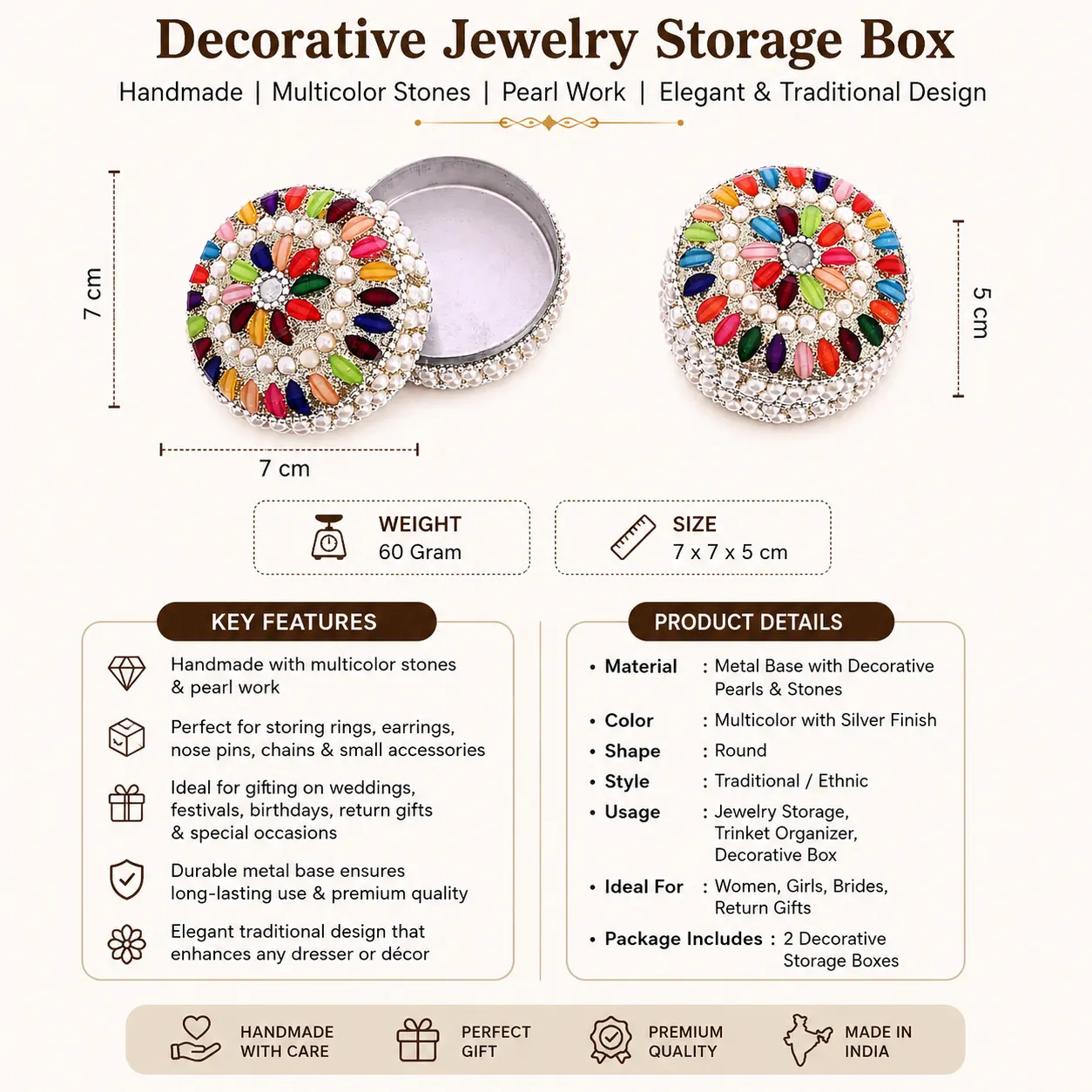 Handmade Decorative Jewelry Storage Box Jewelry Storage Box Set of 2 | Multicolor Pearl & Stone Work Round Trinket Organizer - Image 7