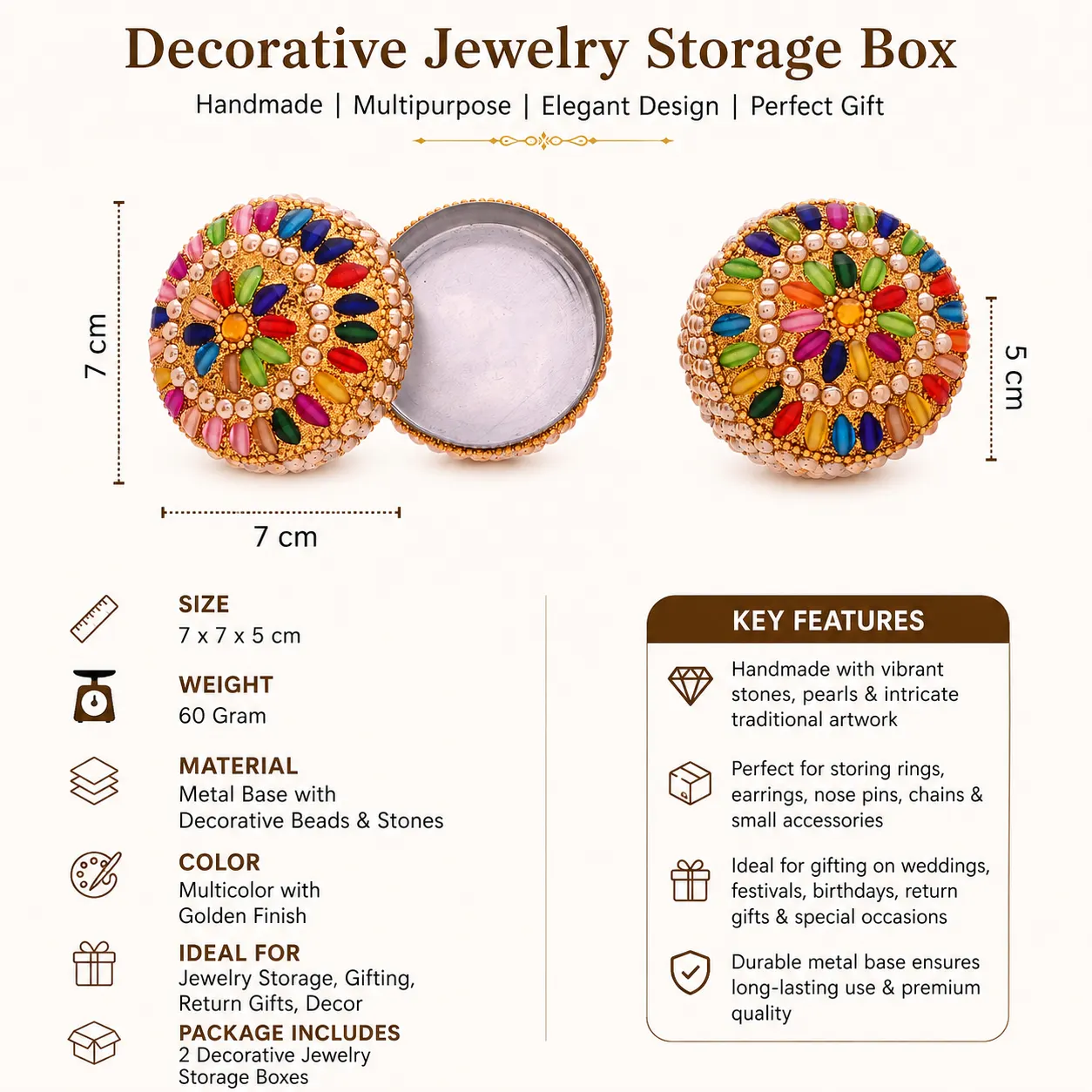Handmade Small Jewelry Storage Organizer for Women, Multicolor Beaded Trinket Box for Earrings, Rings & Small Accessories (Golden, Set of 2) - Image 3