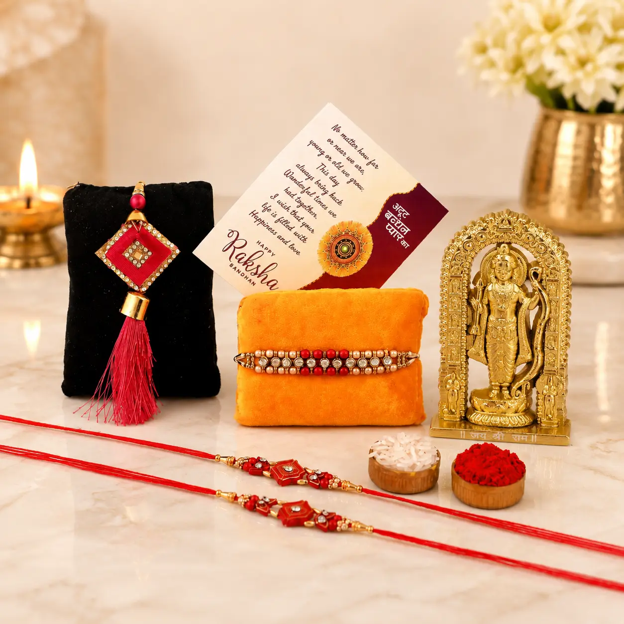 Rakhi Gift : Premium Rakhi Gift Set for Brother with Decorative Rakhi, Bracelet Rakhi, Greeting Card, Roli Chawal and Elegant Gift for Raksha Bandhan