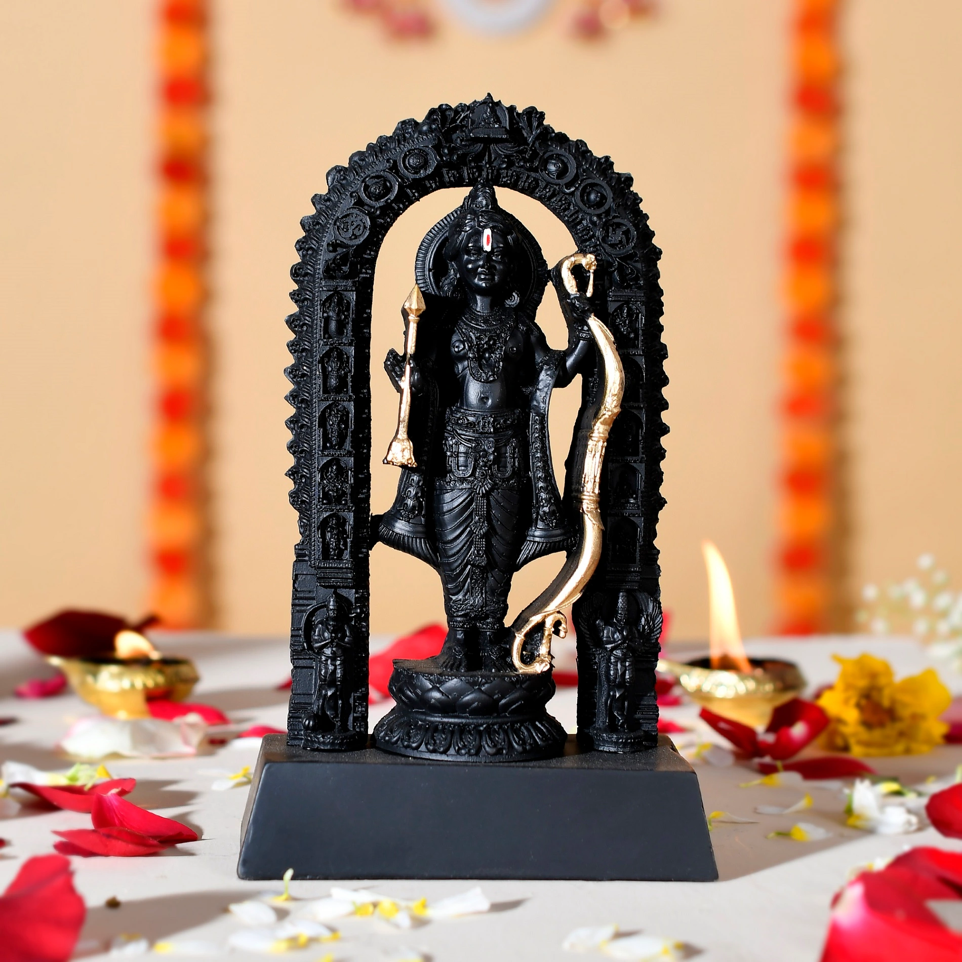 Rakhi Gift Combo for Brother & Family with Ram Lalla Idol, 4 Designer Rakhis for Bhaiya Bhabhi & Kids, Roli Chawal, Greeting Card, Raksha Bandhan Gift Set for Brother (Black, 17 cm Idol) - Image 2