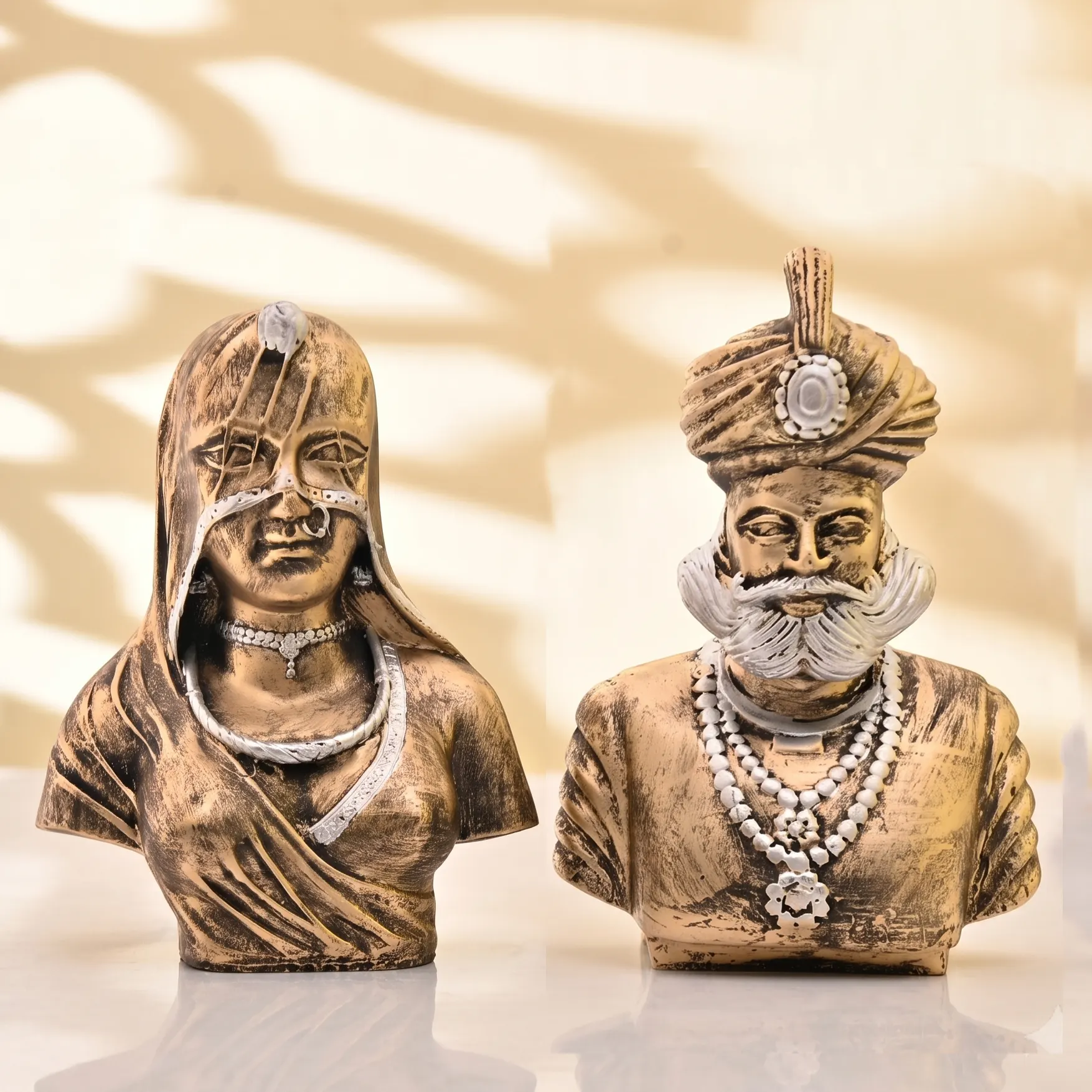 Rajasthani Couple Statue : Polyresin Traditional Decorative Showpiece, Antique Finish Ethnic Figurine Pair for Home Décor, Royal Indian Art Tabletop Ornament, Living Room Office Shelf Decoration - Image 3