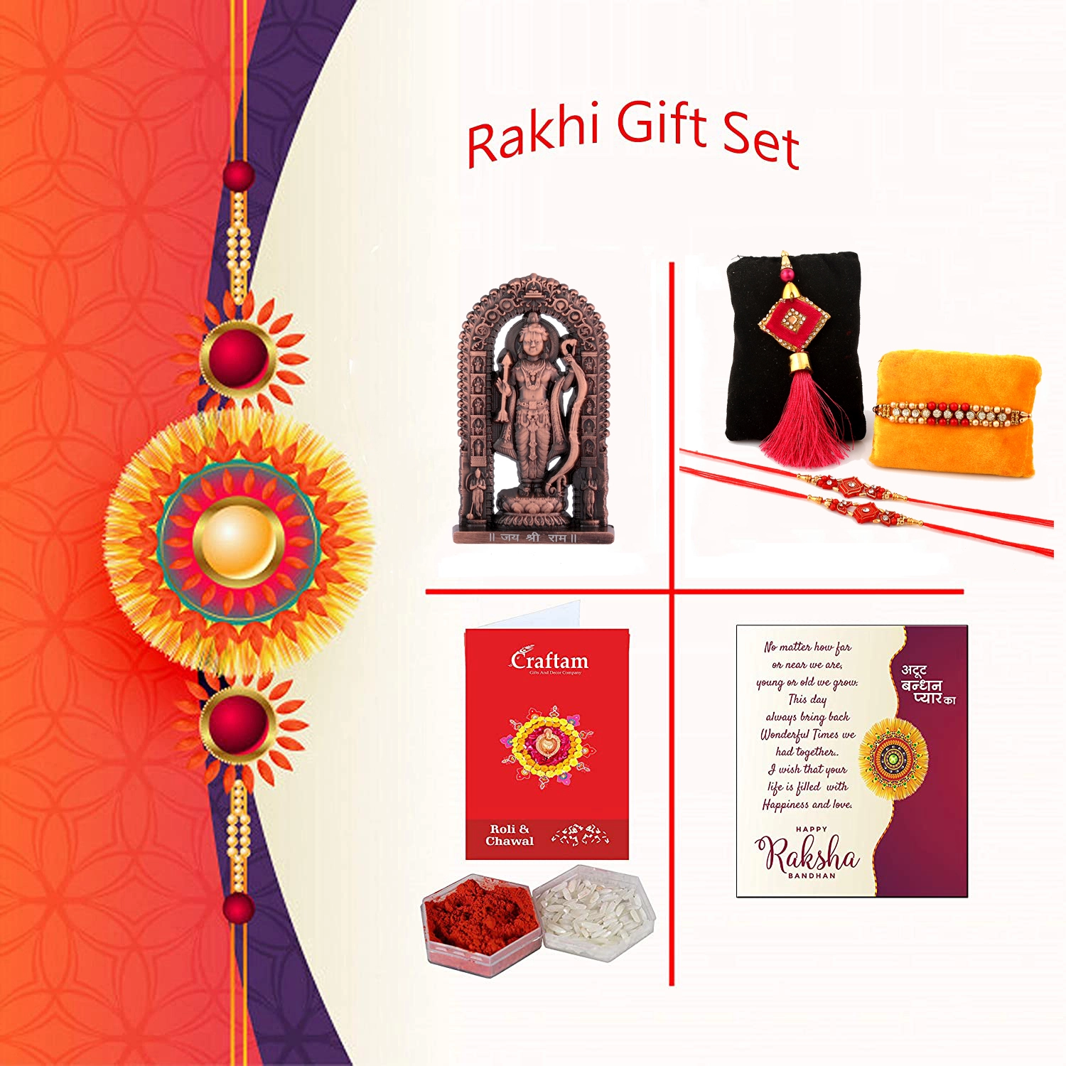 Rakhi Combo Gift for Brother with 4 Rakhi, Rama Lalla Idol for Car, Greeting Card and Roli Chawal | Raksha Bandhan Combo - Image 7