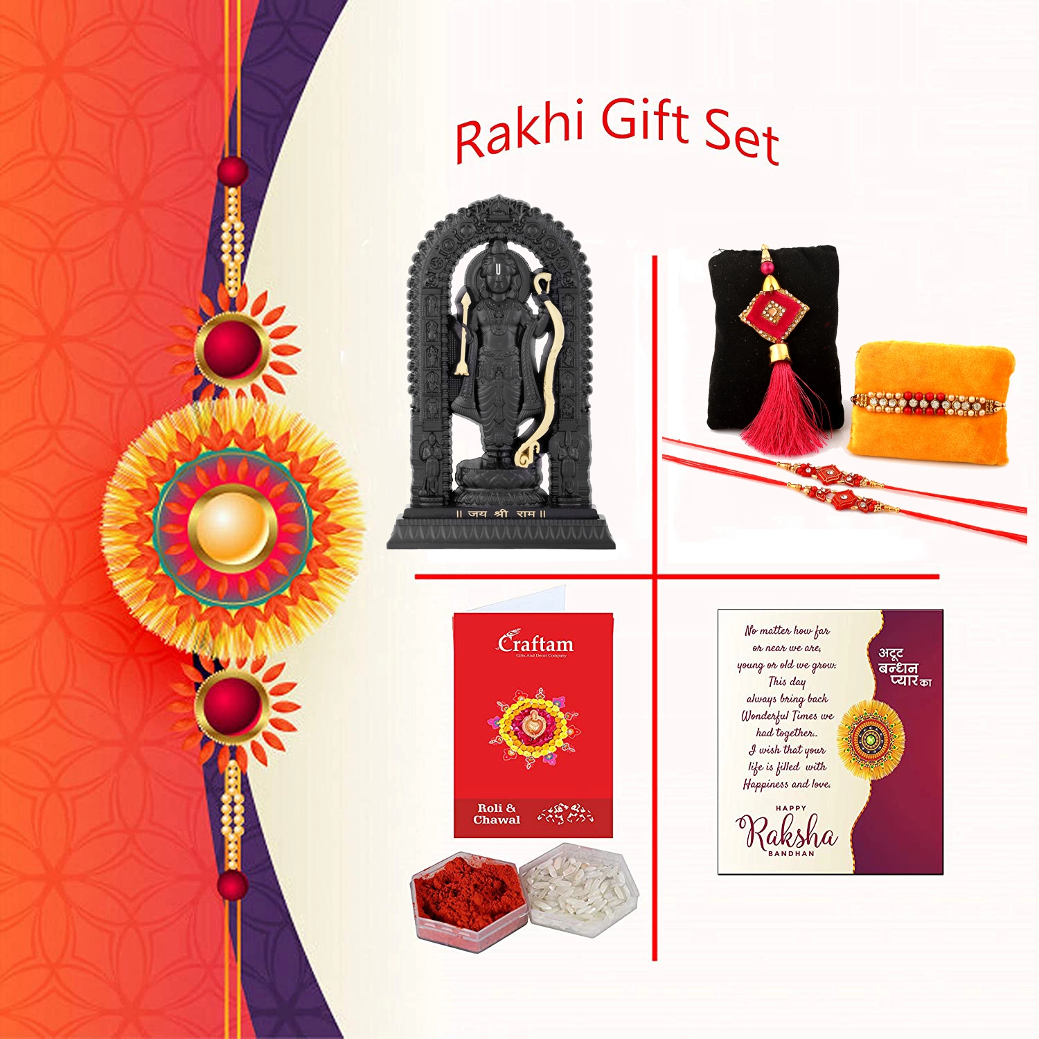 Premium Rakhi Gift Set for Bhaiya Bhabhi & Kids | 4 Designer Rakhi, Roli Chawal Pack, Greeting Card & Decorative Ram Darbar Idol | Raksha Bandhan Gift Hamper for Family - Image 6