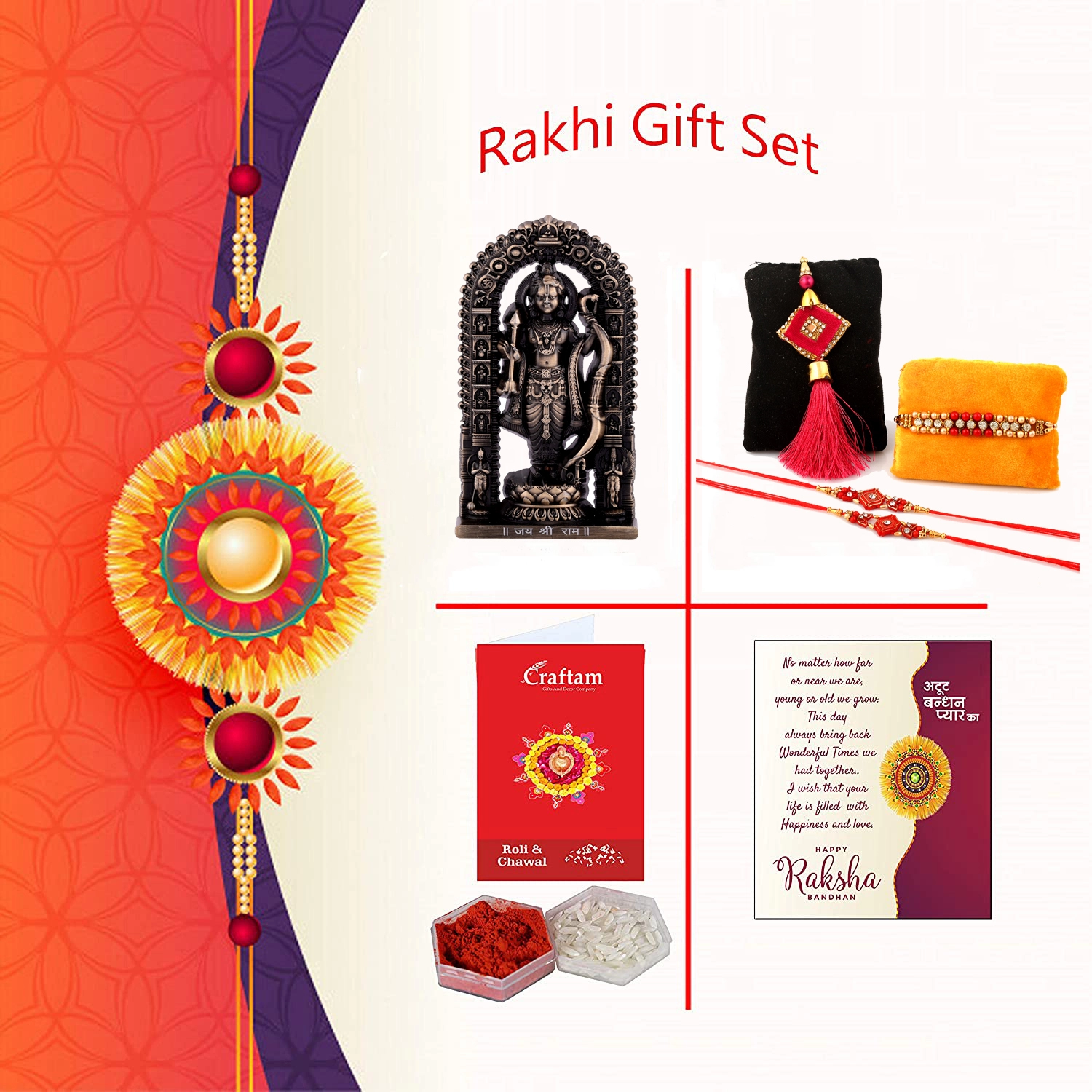 Rakhi Gift Combo:- Metal Ram Lalla Idol with Bhaiya Bhabhi Rakhi and Kids Rakhi Set, 4 Rakhi Combo Pack, Greeting Card, Roli Chawal, Raksha Bandhan Gift for Brother, Bhabhi & Children - Image 3