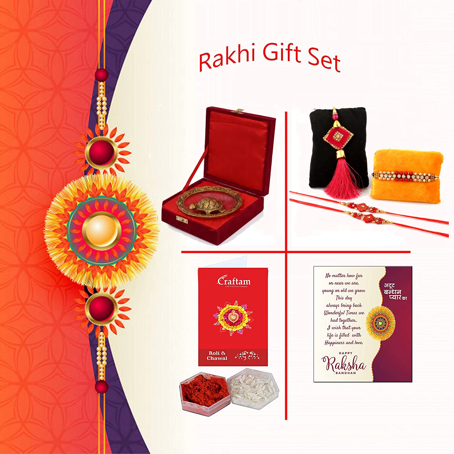 Rakhi with Gifts Combo Set- Rakhi Gifts for Brother Combo Set, Tortoise on Glass Plate with Velvet Box with 4 Rakhi Set, Roli Chawal & Greeting Card, Raksha Bandhan Gift Hamper for Bhaiya, Bhabhi & Kids - Image 3
