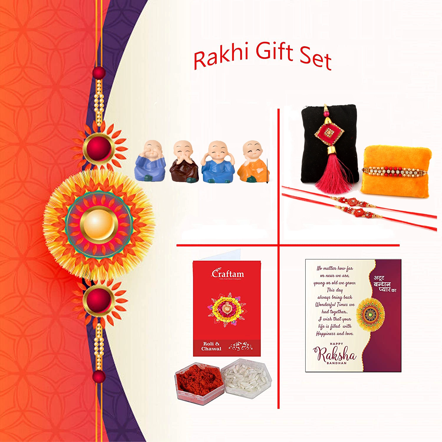 Bhaiya Bhabhi Rakhi Set- Rakhi Gift Combo for Brother & Family with 4 Cute Monk Buddha Figurines, 4 Designer Rakhis, Greeting Card, Roli Chawal Pack, Raksha Bandhan Gift Set for Bhaiya Bhabhi & Kids - Image 6