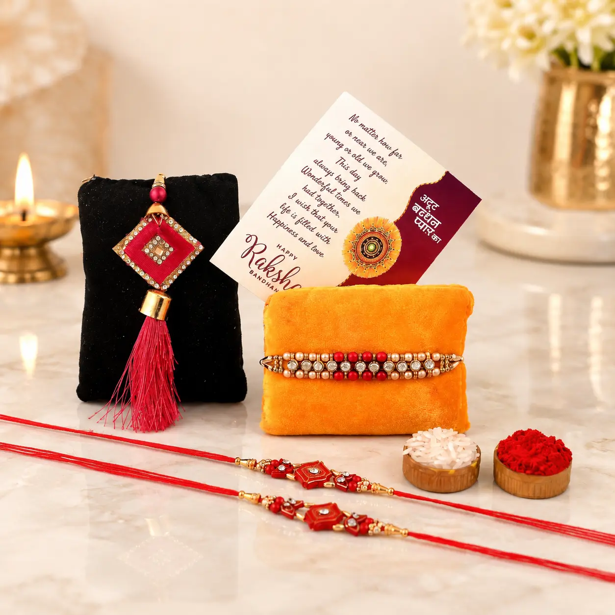 Rakhi Gift : Premium Rakhi Gift Set for Brother with Decorative Rakhi, Bracelet Rakhi, Greeting Card, Roli Chawal and Elegant Gift for Raksha Bandhan - Image 6