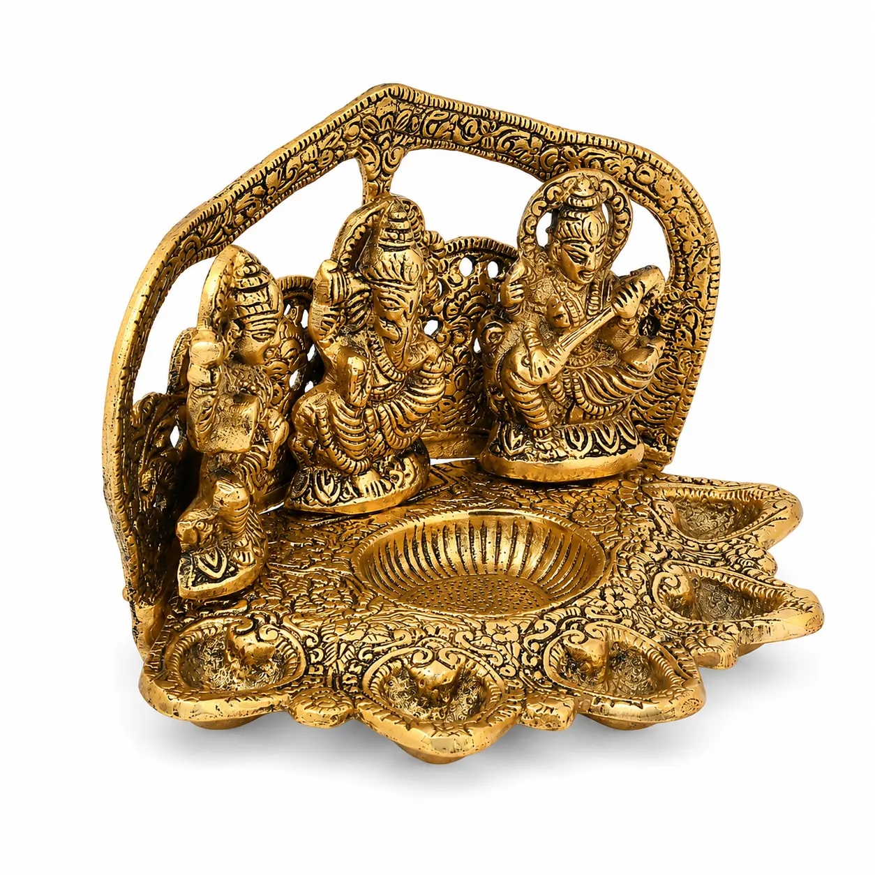 Laxmi Ganesh Saraswati Darbar idol with Five Diya,Oxidised Metal,for Mandir, Diwali Decoration, Housewarming, Religious Gifts - Image 3