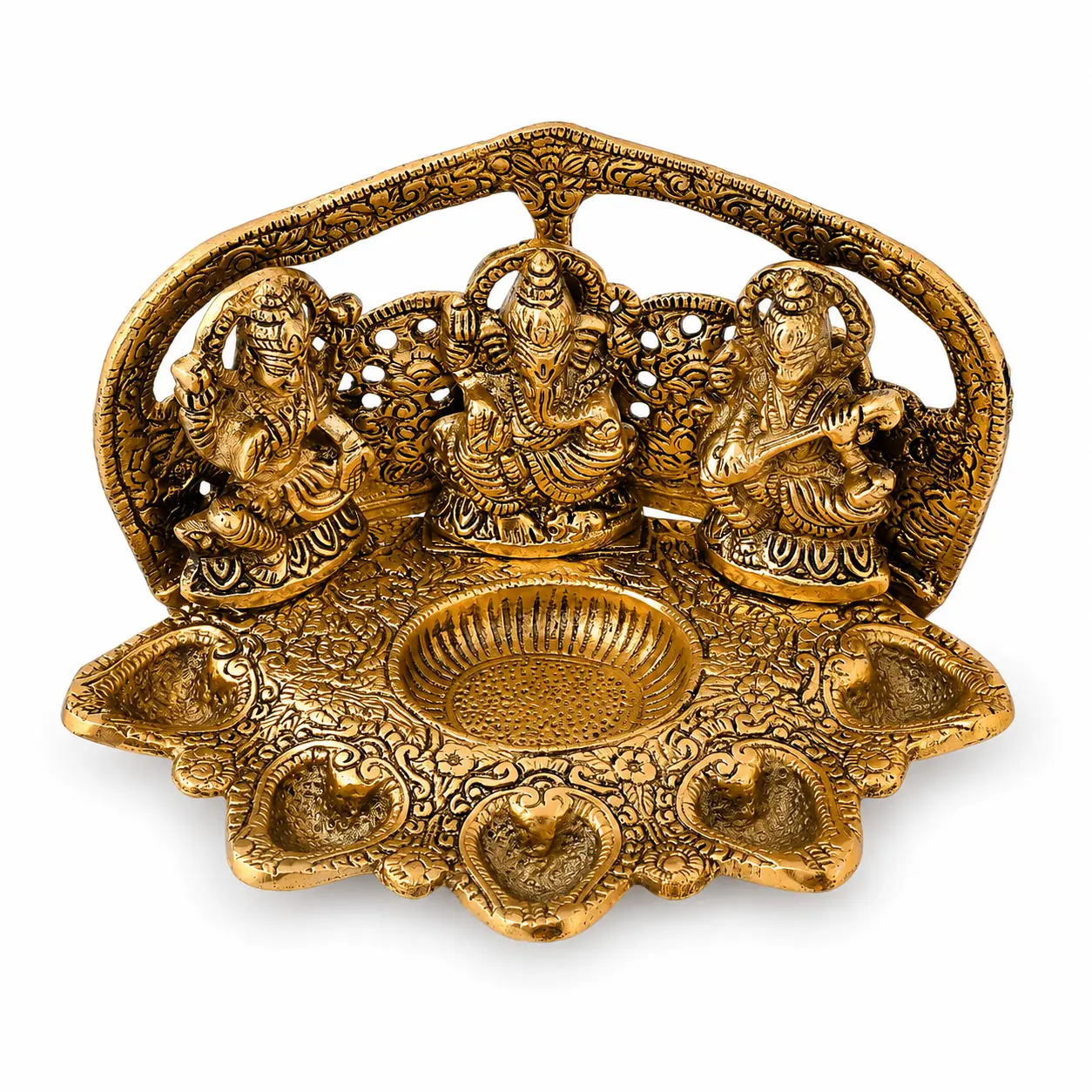 Laxmi Ganesh Saraswati Darbar idol with Five Diya,Oxidised Metal,for Mandir, Diwali Decoration, Housewarming, Religious Gifts - Image 6