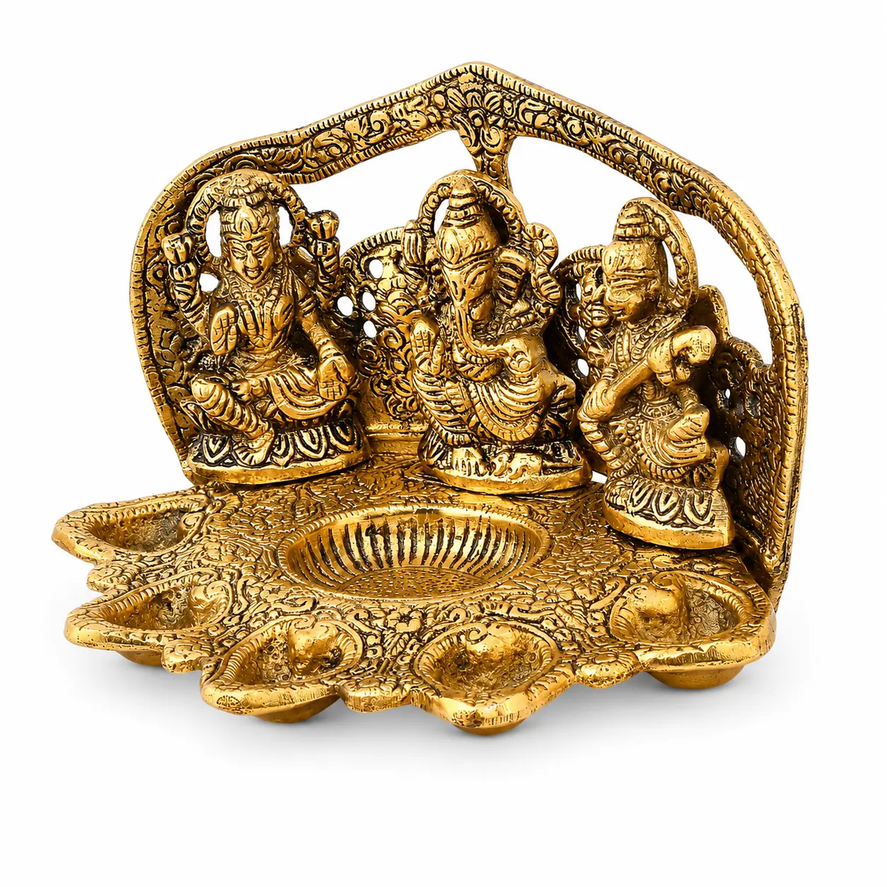 Laxmi Ganesh Saraswati Darbar idol with Five Diya,Oxidised Metal,for Mandir, Diwali Decoration, Housewarming, Religious Gifts - Image 5