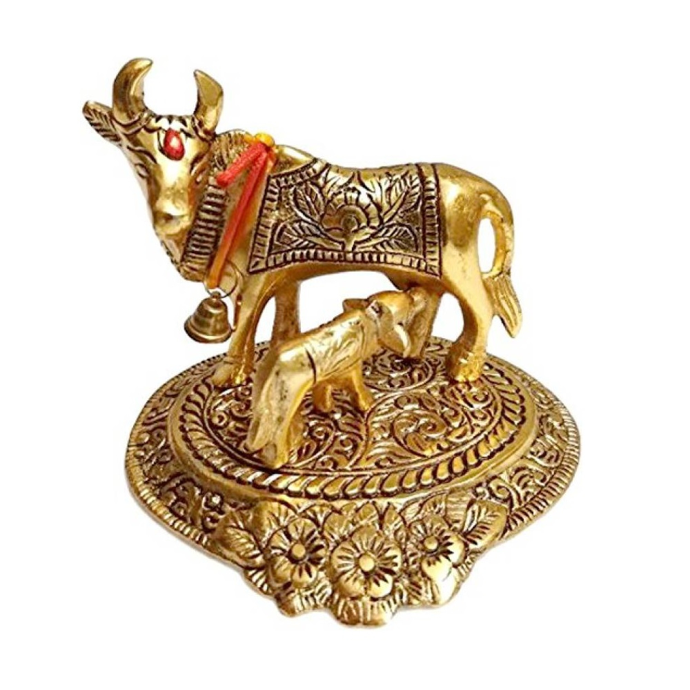 Oxidized Metal Religious kamdhenu Cow with Calf Handmade Handicraft for Home Decor Gift Item (Golden)