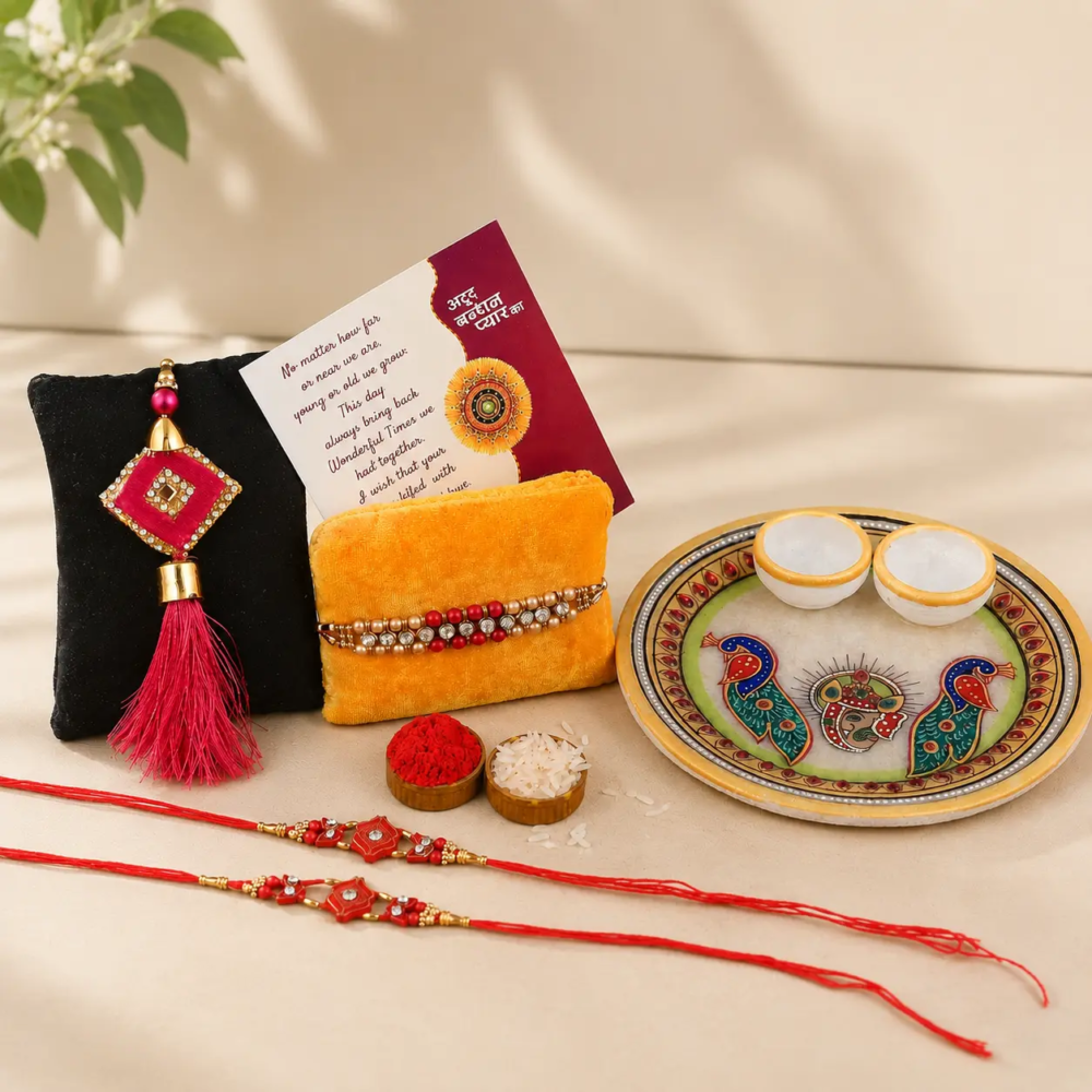 Best Rakhi Gift- Craftam Rakhi Gifts for Brother Combo Set- Marble Pooja Thali , Raksha Bandhan Greeting , Roli Rice Pack and 4 Rakhi ( For Bhaiya , Bhabi and 2 Kids)