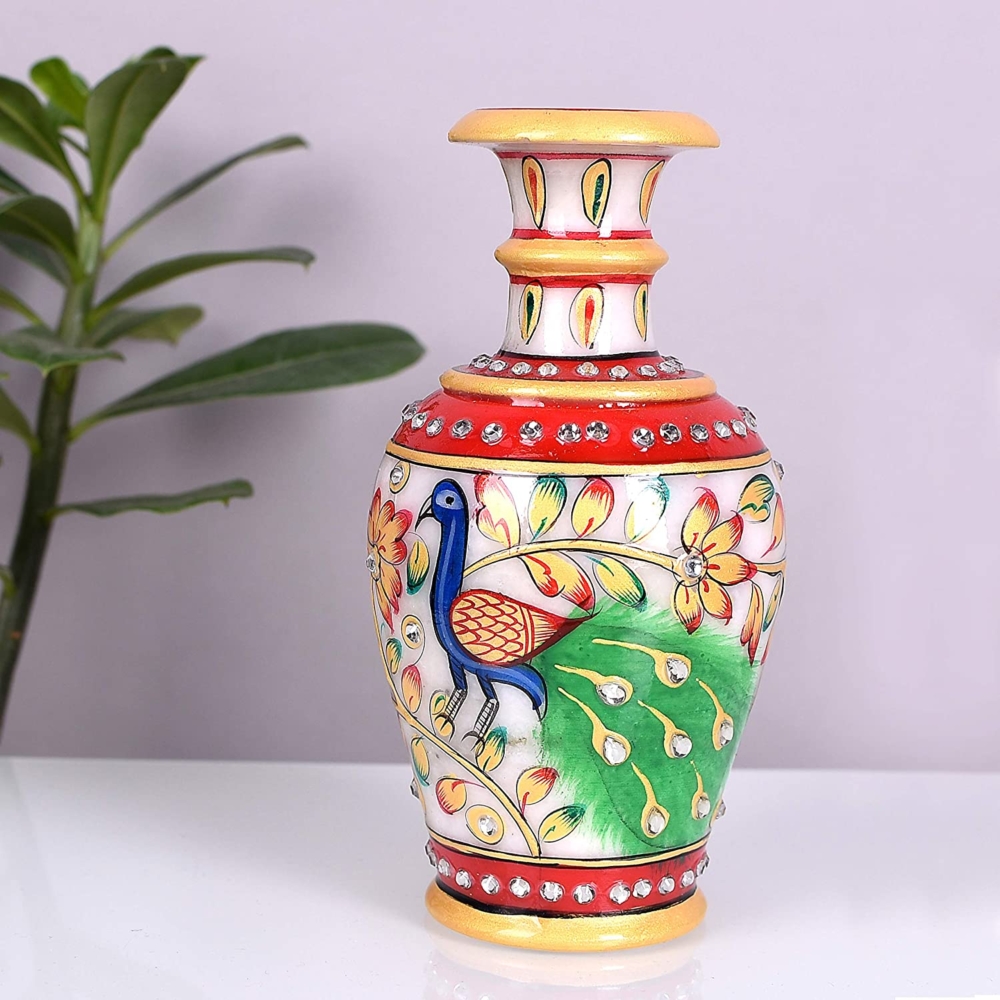 Marble Handmade Decorative Peacock Painting, Embossed Flower Vase, Flower Pot (6 Inch )