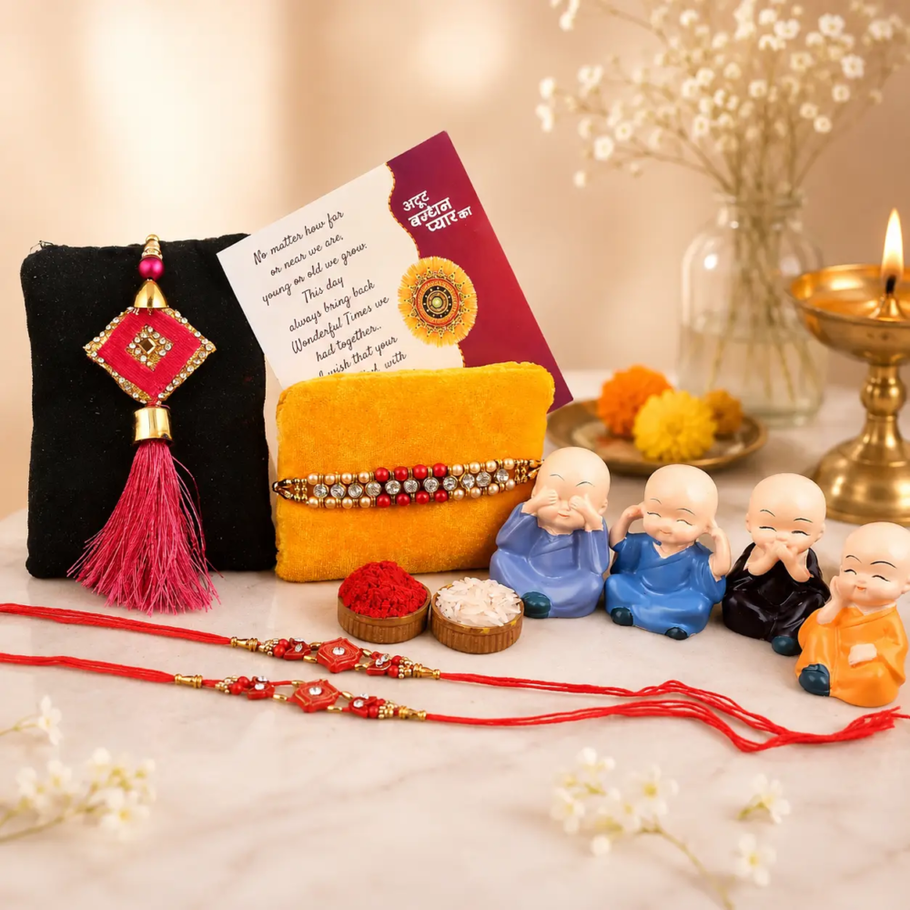 Bhaiya Bhabhi Rakhi Set- Rakhi Gift Combo for Brother & Family with 4 Cute Monk Buddha Figurines, 4 Designer Rakhis, Greeting Card, Roli Chawal Pack, Raksha Bandhan Gift Set for Bhaiya Bhabhi & Kids