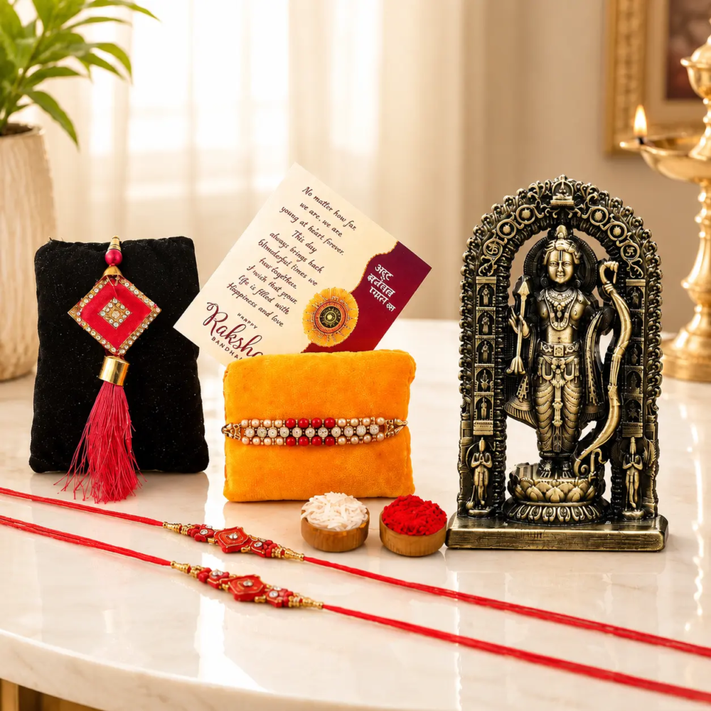 Rakhi Gift Combo:- Metal Ram Lalla Idol with Bhaiya Bhabhi Rakhi and Kids Rakhi Set, 4 Rakhi Combo Pack, Greeting Card, Roli Chawal, Raksha Bandhan Gift for Brother, Bhabhi & Children
