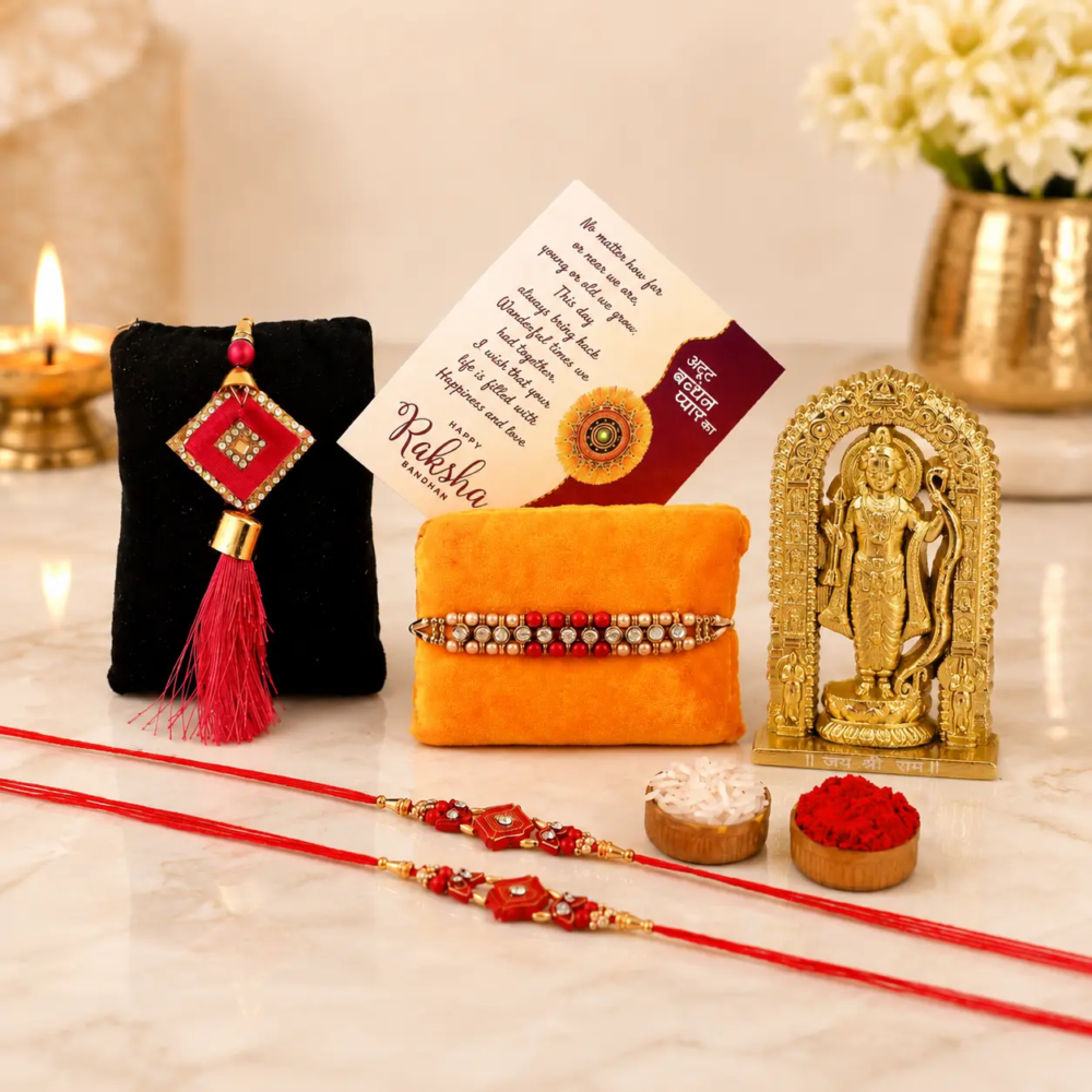 Rakhi Gift : Premium Rakhi Gift Set for Brother with Decorative Rakhi, Bracelet Rakhi, Greeting Card, Roli Chawal and Elegant Gift for Raksha Bandhan