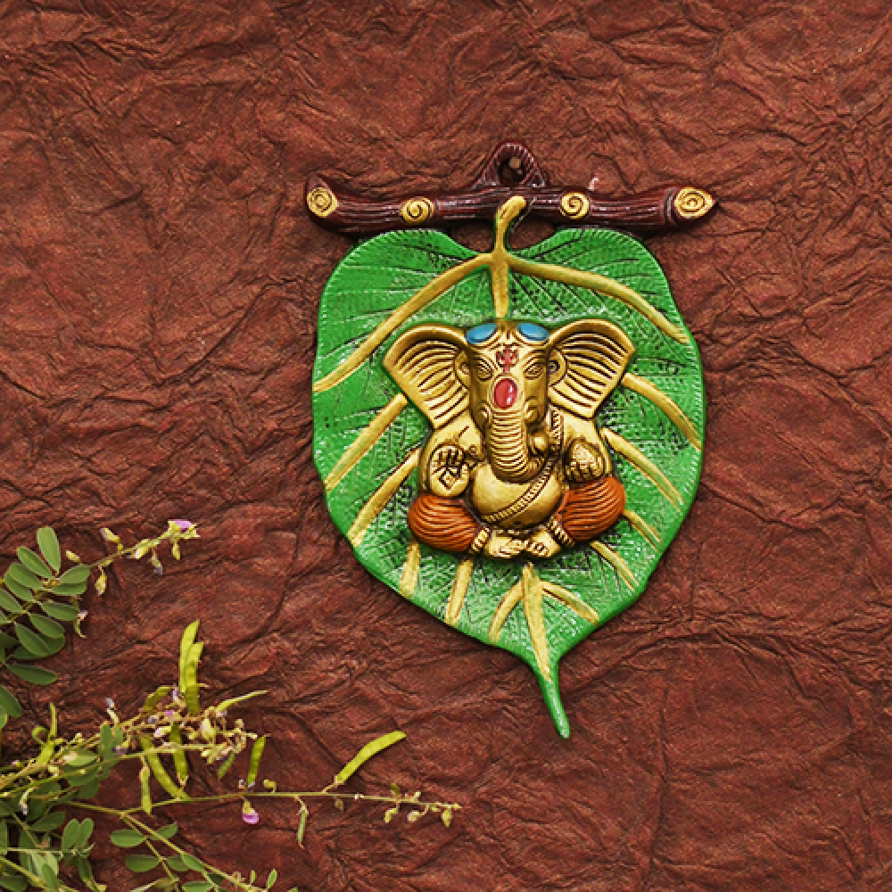 Craftam Lord Ganesha in Red Dhoti on Green Leaf Wall Hanging