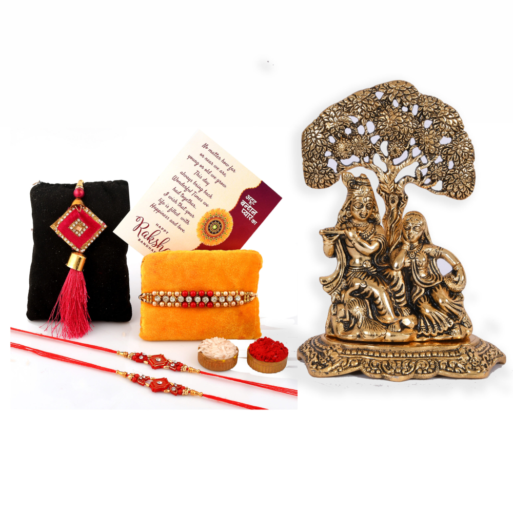 Rakhi Gifts for Brother Combo Set- Radha Krishna Idol, Raksha Bandhan Greeting, Roli Rice Pack and 4 Rakhi (for Bhaiya, Bhabi and 2 Children)