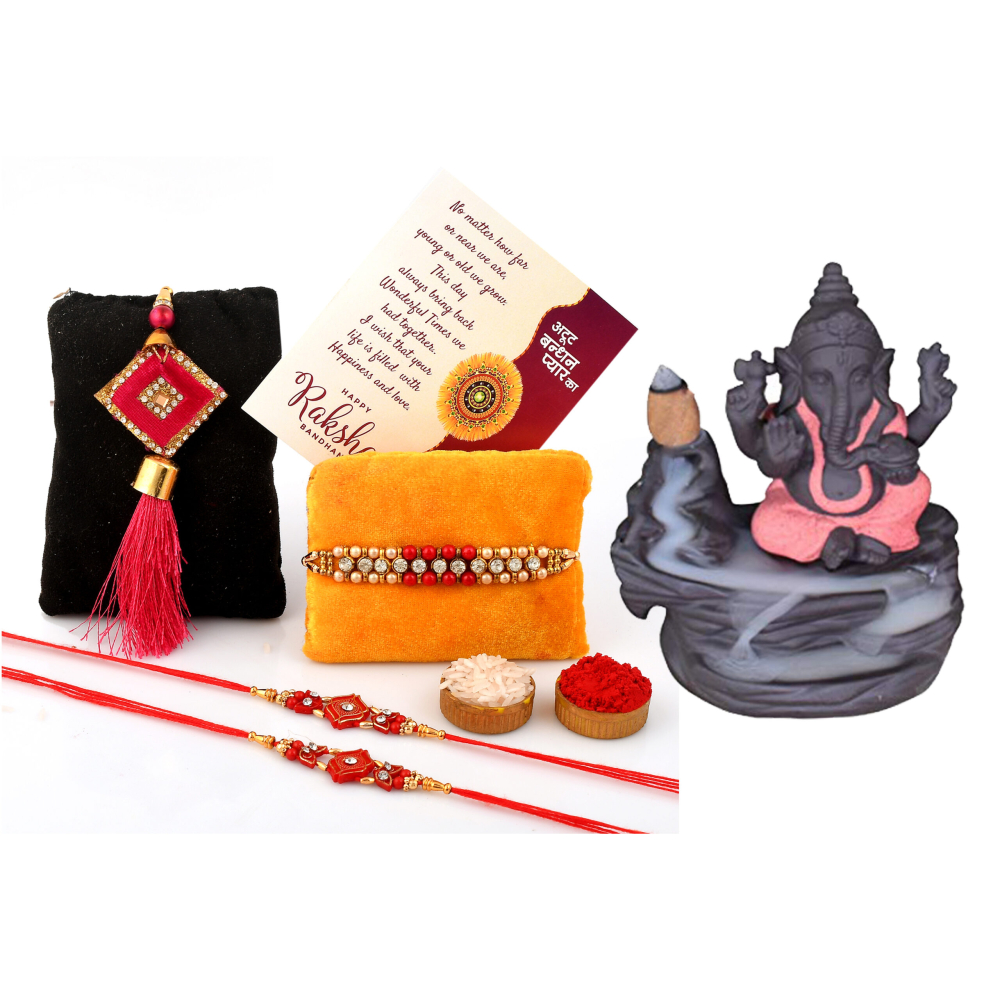 Rakhi Gifts for Brother Combo Set- Smoke Backflow Ganesha with 10 Cones, Raksha Bandhan Greeting , Roli Rice Pack and 4 Rakhi Set for Bhaiya , Bhabi and 2 Children