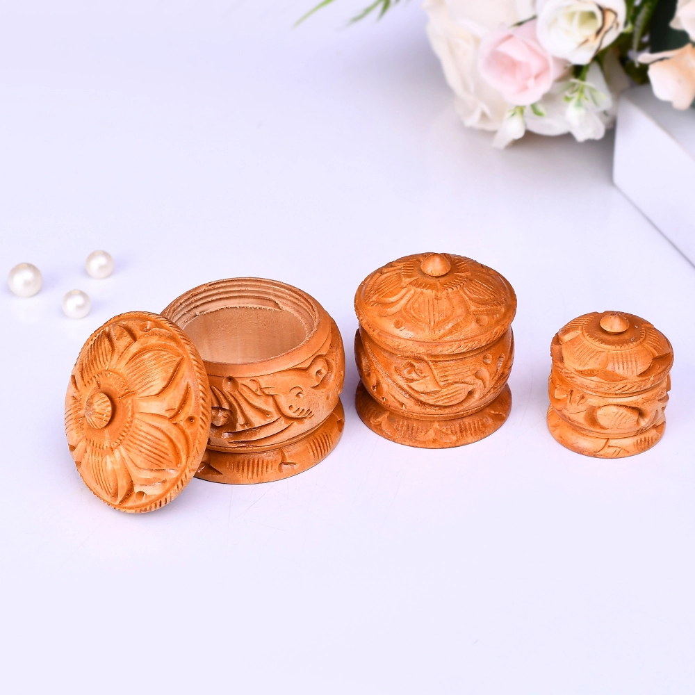 Hand Carving Wooden Jewelry Kumkum Box Sindoor Dabbi Sindur Dani Wedding Return Gifts for Women (Set of 3)