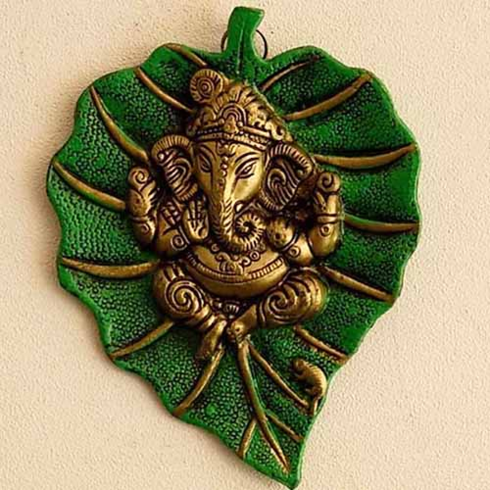 Craftam Metal Lord Ganesha on Leaf Decorative Wall Hanging Showpiece Figurine