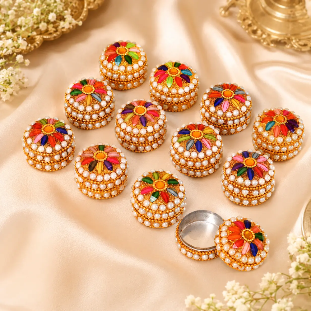 Decorative Kumkum Box  Pearl and Kundan Style Sindoor Dani for Puja, Wedding Return Gifts, Haldi Kumkum, Home Decor (Set of 12)