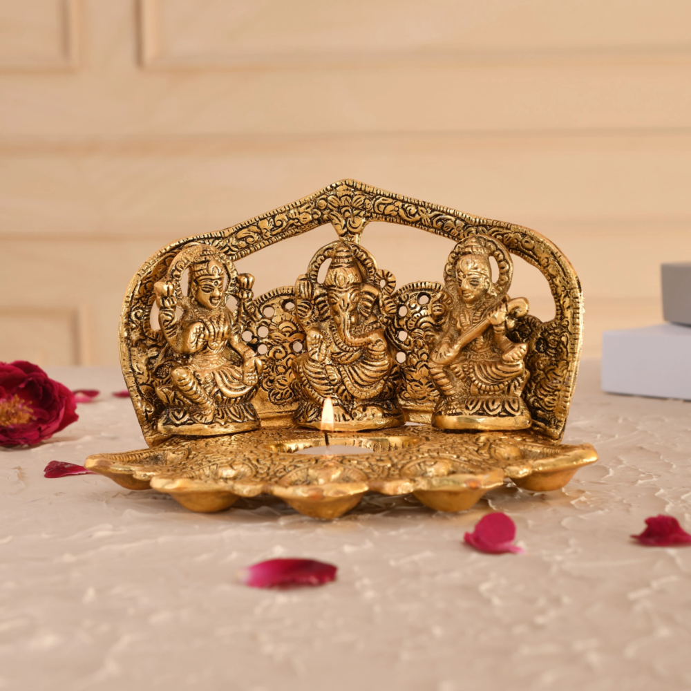 Laxmi Ganesh Saraswati Darbar idol with Five Diya,Oxidised Metal,for Mandir, Diwali Decoration, Housewarming, Religious Gifts