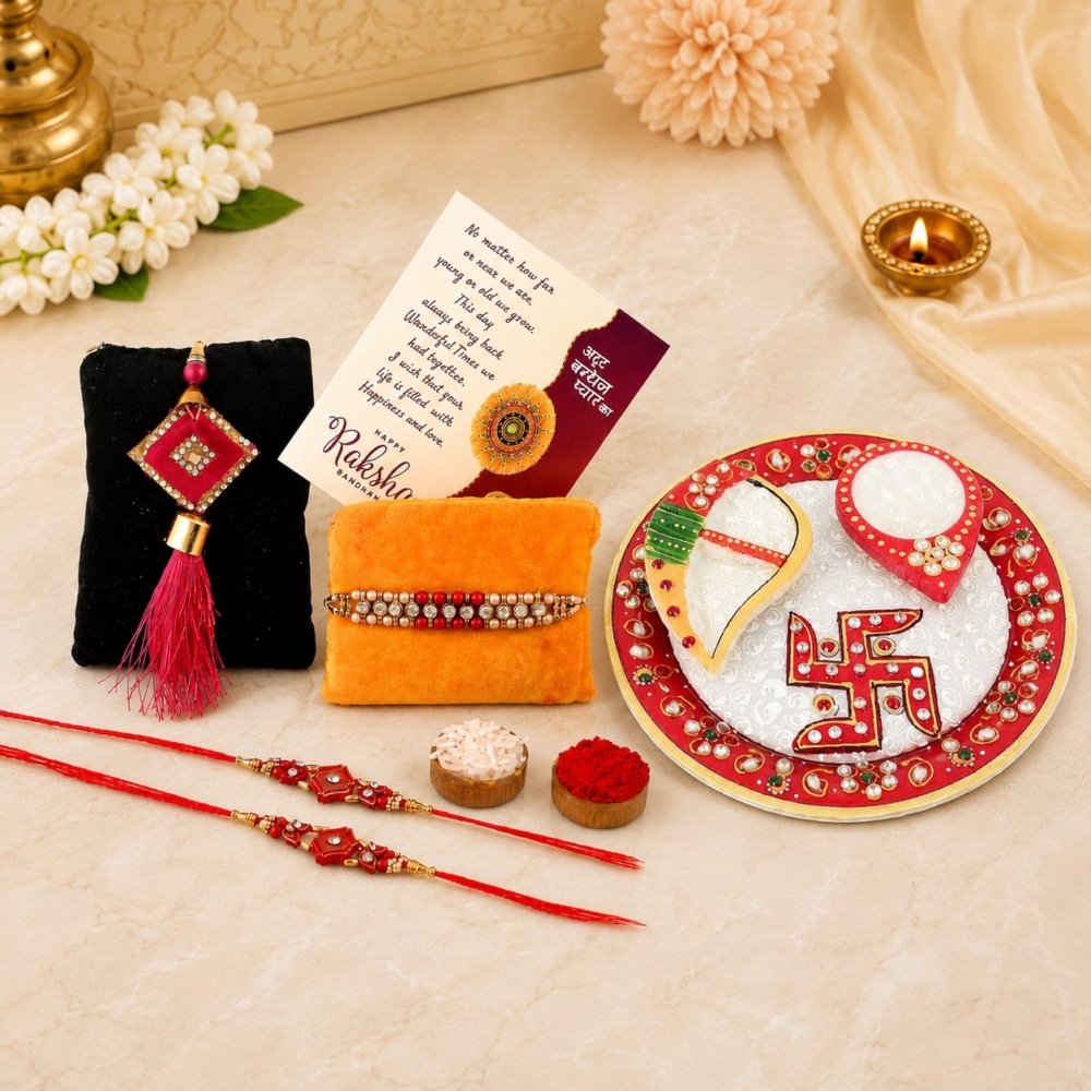 Raksha Bandhan Gift- Rakhi Gifts for Brother Combo Set- Marble Pooja Thali, Raksha Bandhan Greeting, Roli Rice Pack and 4 Rakhi (for Bhaiya, Bhabi and 2 Children)
