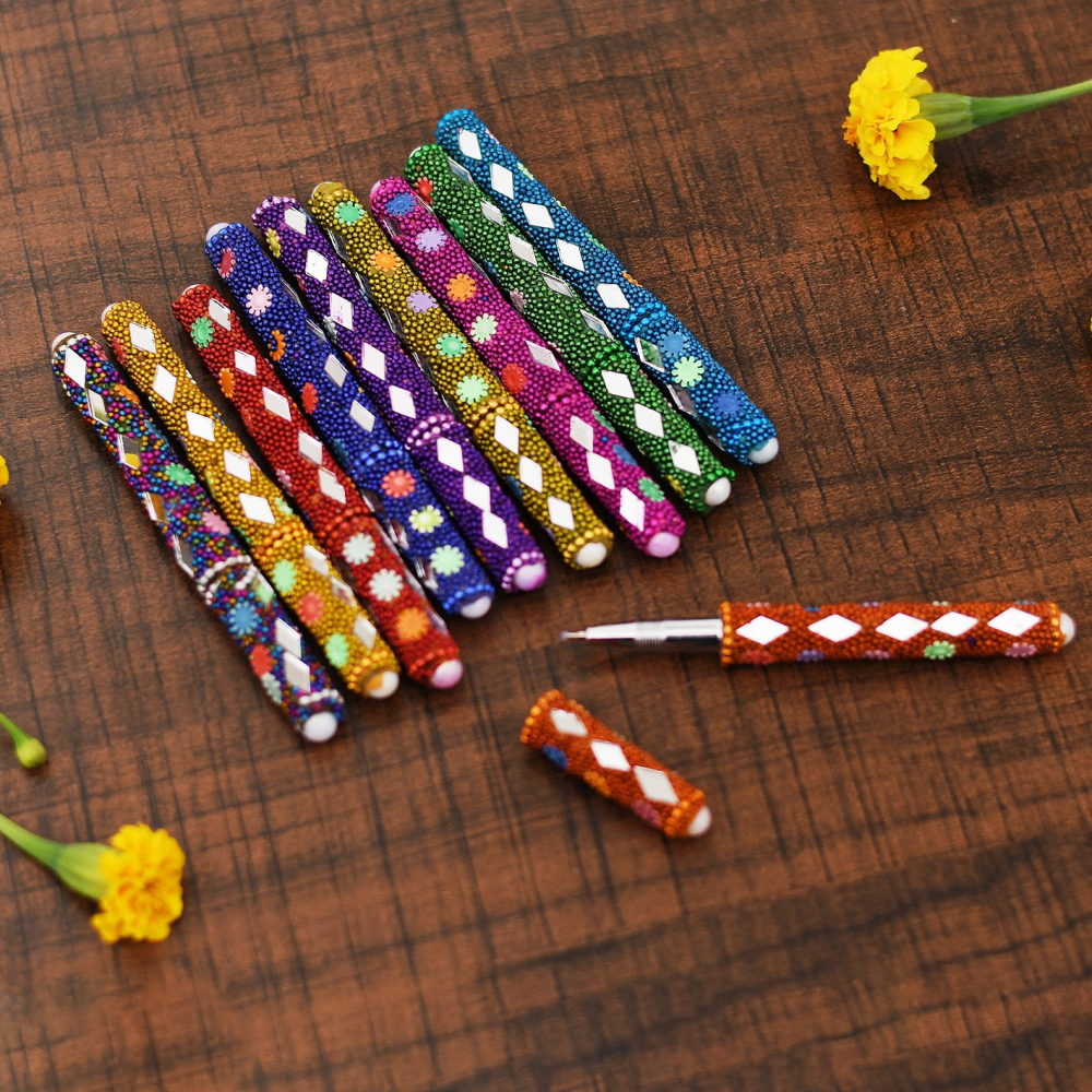 Rajasthani Handicrafts Lakh Mirror and Beats Work Ball Pen Set for Gift to Teacher (Blue Colour, 10 Pens)