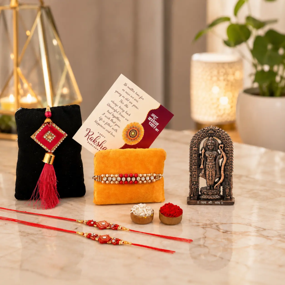 Rakhi Combo Gift for Brother with 4 Rakhi, Rama Lalla Idol for Car, Greeting Card and Roli Chawal | Raksha Bandhan Combo