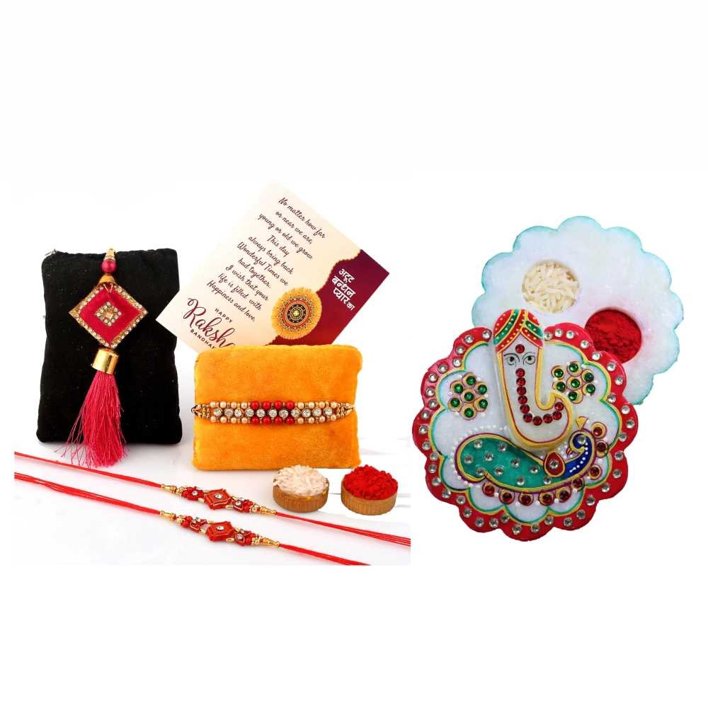 CRAFTAM Rakhi Gifts for Brother Combo Set- Marble Pooja Chopra, Raksha Bandhan Greeting, Roli Rice Pack and 4 Rakhi (for Bhaiya, Bhabi and 2 Kids)