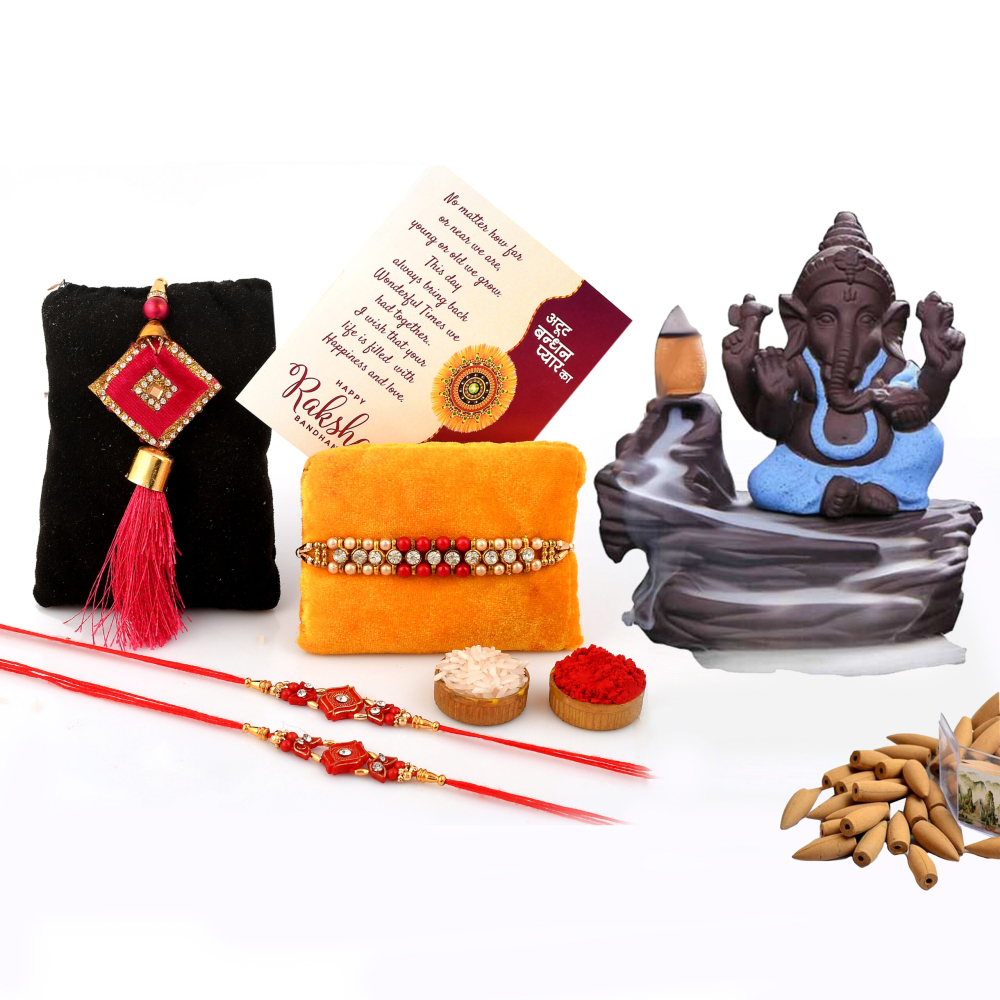 Rakhi Gifts for Brother Combo Set- Smoke Backflow Ganesha with 10 Cones, Raksha Bandhan Greeting , Roli Rice Pack and 4 Rakhi Set for Bhaiya , Bhabi and 2 Children