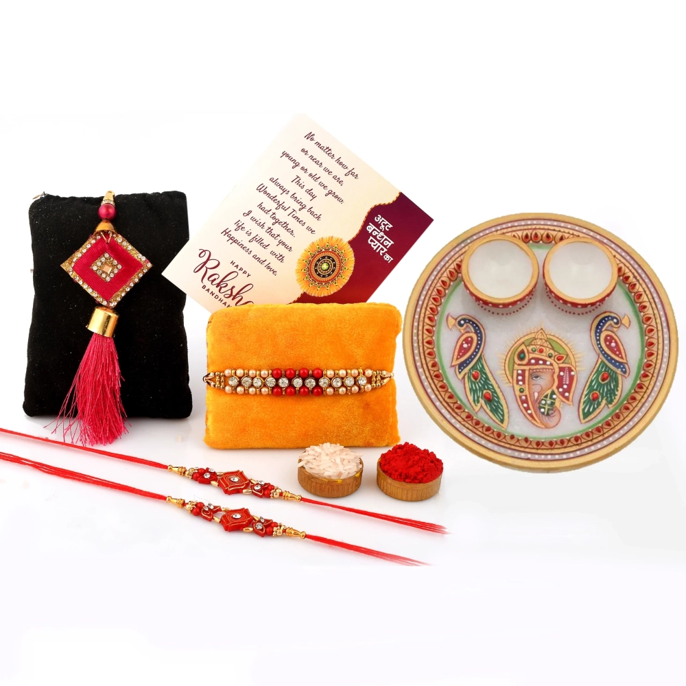 Craftam Rakhi Gifts for Brother Combo Set- Marble Pooja Thali , Raksha Bandhan Greeting , Roli Rice Pack and 4 Rakhi ( For Bhaiya , Bhabi and 2 Kids)