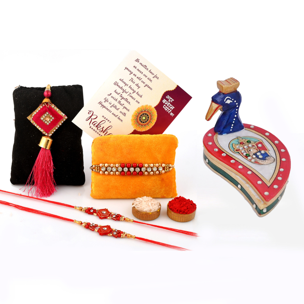 Craftam Rakhi Gifts for Brother Combo Set- Marble Pooja Chopra , Raksha Bandhan Greeting , Roli Rice Pack and 4 Rakhi ( For Bhaiya , Bhabi and 2 Kids)