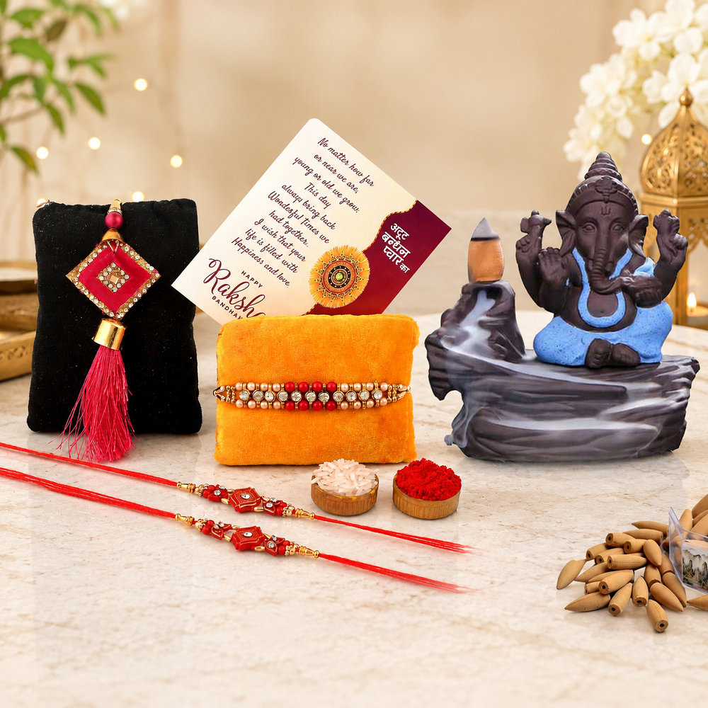 Rakhi Gifts for Brother Combo Set- Smoke Backflow Ganesha with 10 Cones, Raksha Bandhan Greeting , Roli Rice Pack and 4 Rakhi Set for Bhaiya , Bhabi and 2 Children