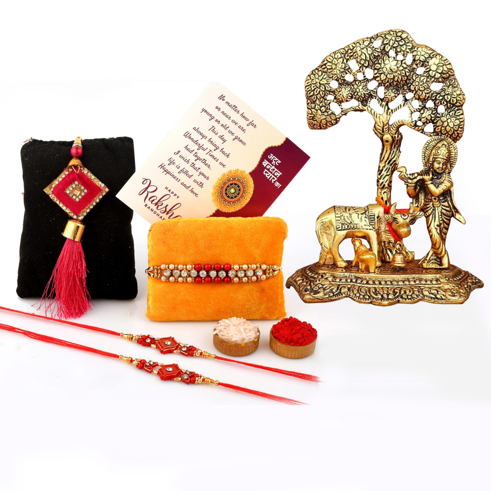 Rakhi Gifts for Brother Combo Set- 4 Rakhi Set(for Bhaiya, Bhabi and 2 Children) Krishna Idol, Raksha Bandhan Greeting, Roli Rice Pack