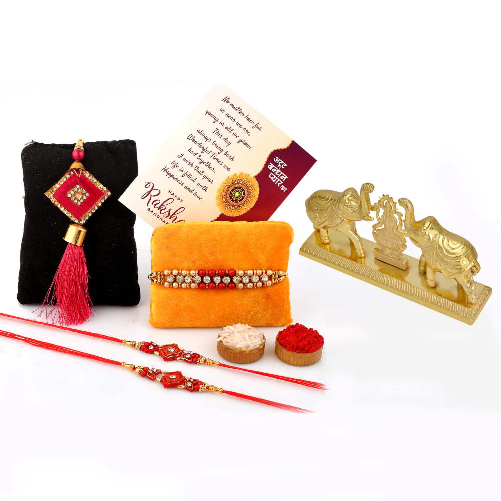 Rakhi Gifts for Brother, Bhabhi and Children Combo Set- 4 Rakhi Set With Laxmi and Elephen Kumkum Box, Roli Rice Pack and Raksha Bhandhan Greeting