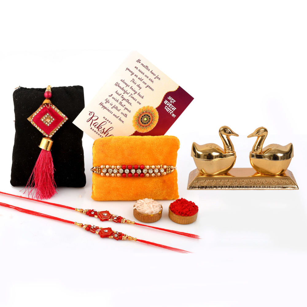Rakhi Gifts for Brother, Bhabhi and Children Combo Set- 4 Rakhi Set With Duck Shape Kumkum Box, Roli Rice Pack and Raksha Bhandhan Greeting