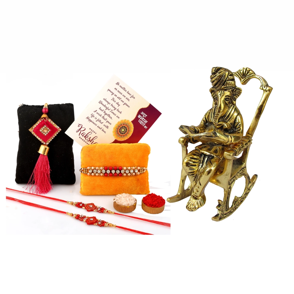 Craftam Rakhi Gifts for Brother Combo Set- Ganesha Idol, Raksha Bandhan Greeting, Roli Rice Pack and 4 Rakhi (for Bhaiya, Bhabi and 2 Children)