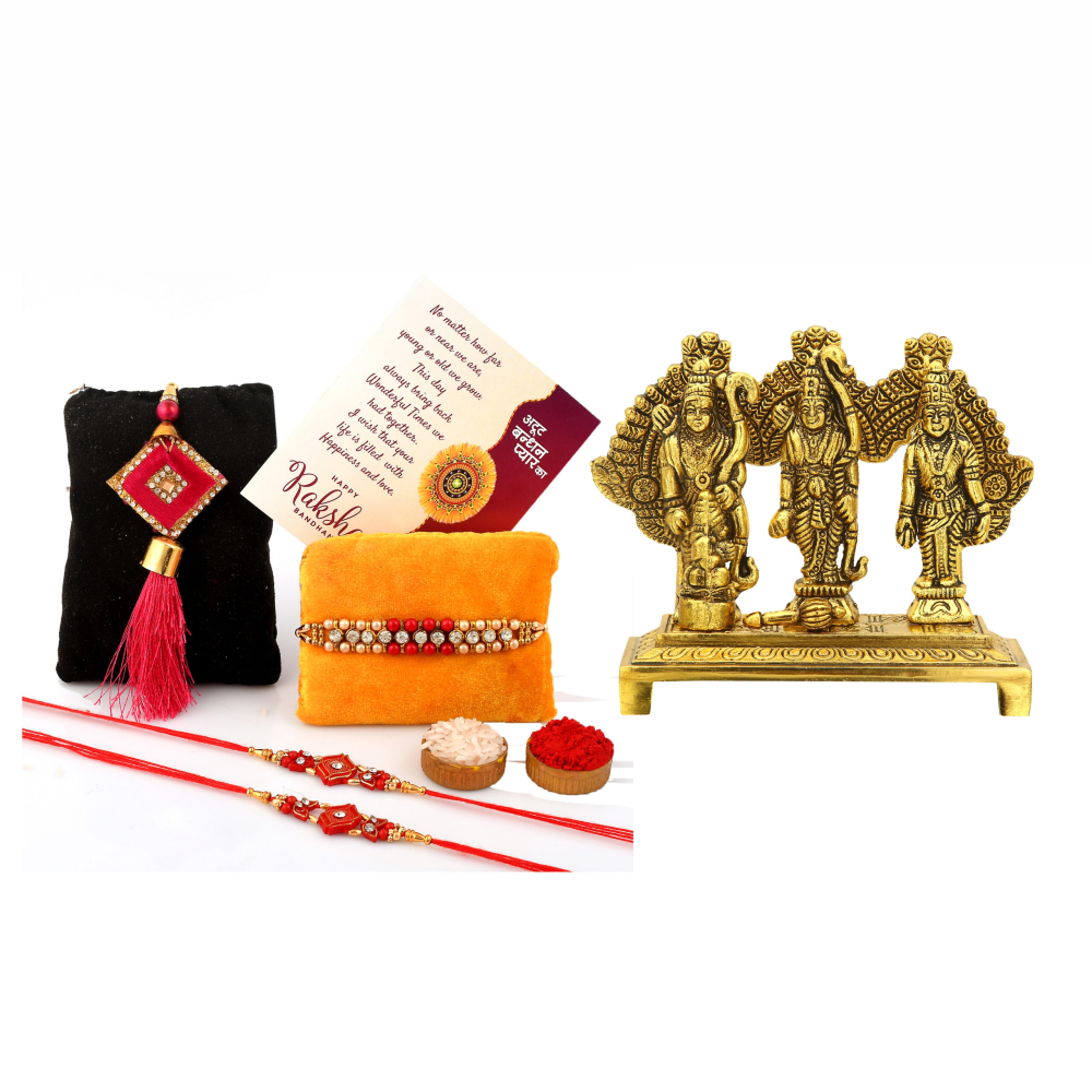 Craftam Rakhi Gifts for Brother Combo Set- Ram Darbar Idol, Raksha Bandhan Greeting, Roli Rice Pack and 4 Rakhi (for Bhaiya, Bhabi and 2 Children)