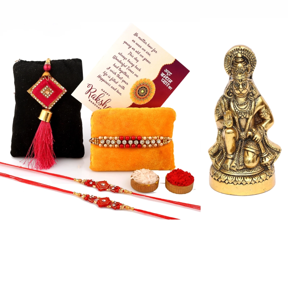 Craftam Rakhi Gifts for Brother Bhabi Combo- Hanuman Idol, Raksha Bandhan Greeting, Roli Rice Pack and 4 Rakhi (for Bhaiya, Bhabi and 2 Kids)