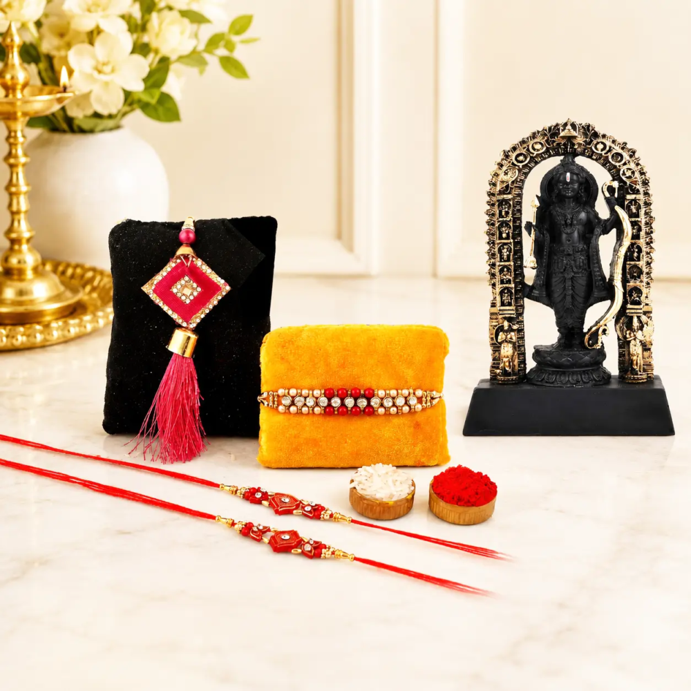 Designer Rakhi Set for Brother & Family with Ram Lalla Idol, 4 Designer Rakhis for Bhaiya Bhabhi & Kids, Roli Chawal, Greeting Card, Raksha Bandhan Gift Set for Brother (Gold, 17 cm Idol)